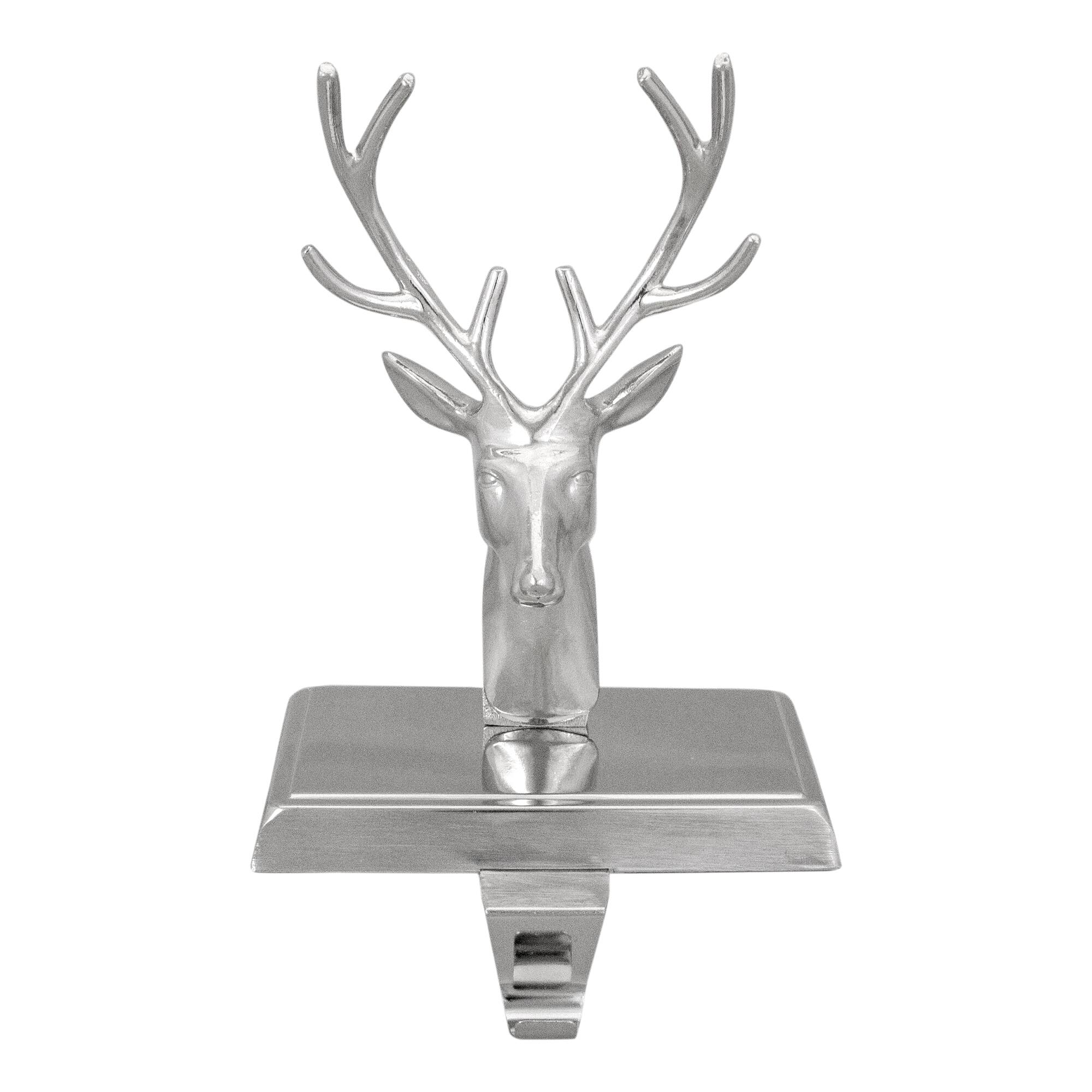 Front. Northlight - 8" Shiny Silver Deer Head Christmas Stocking Holder - Silver.
