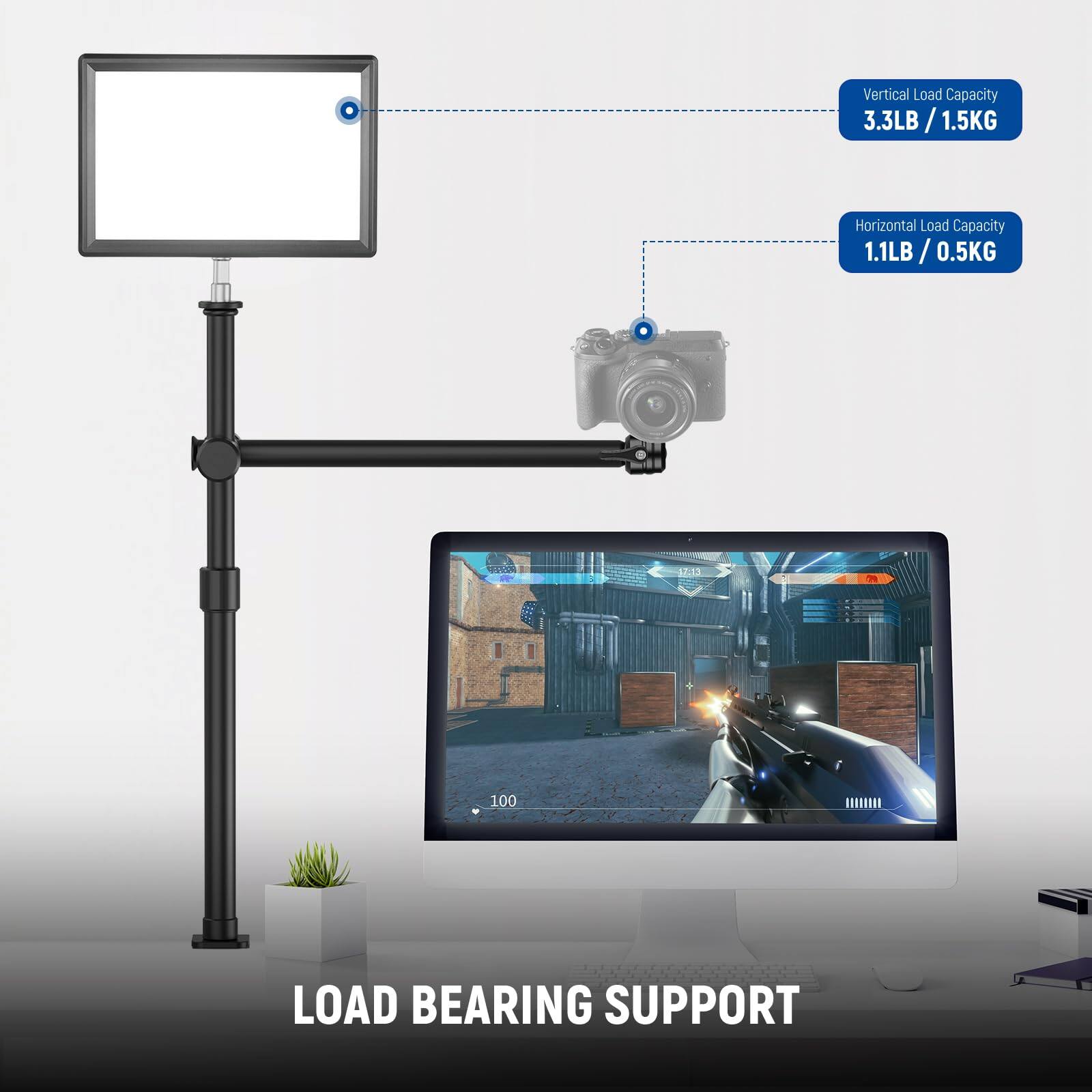 Vertical Load Capacity: 3.3LB / 1.5KG  
Horizontal Load Capacity: 1.1LB / 0.5KG  

LOAD BEARING SUPPORT