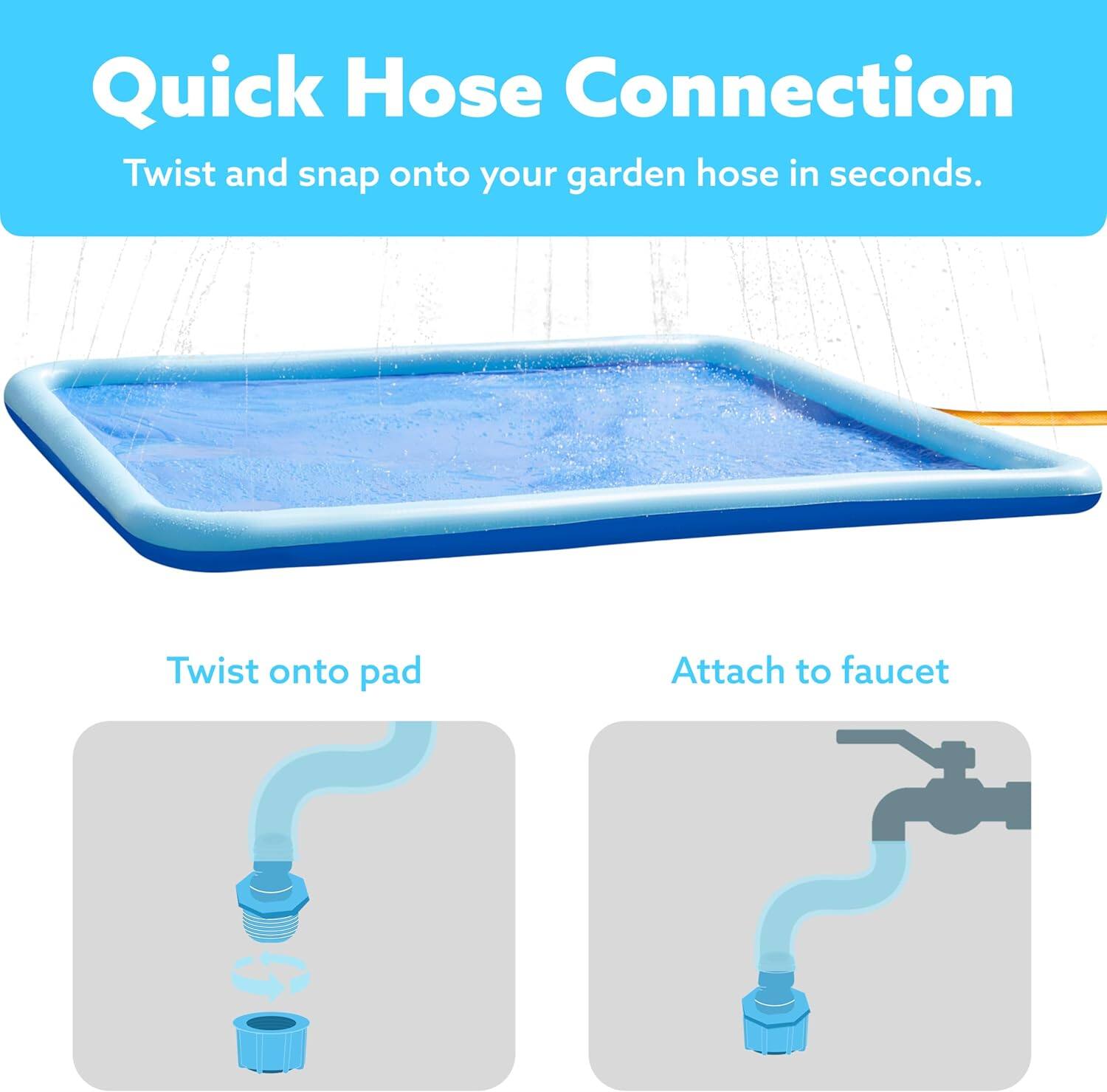 Quick Hose Connection  
Twist and snap onto your garden hose in seconds.  

Twist onto pad  
Attach to faucet