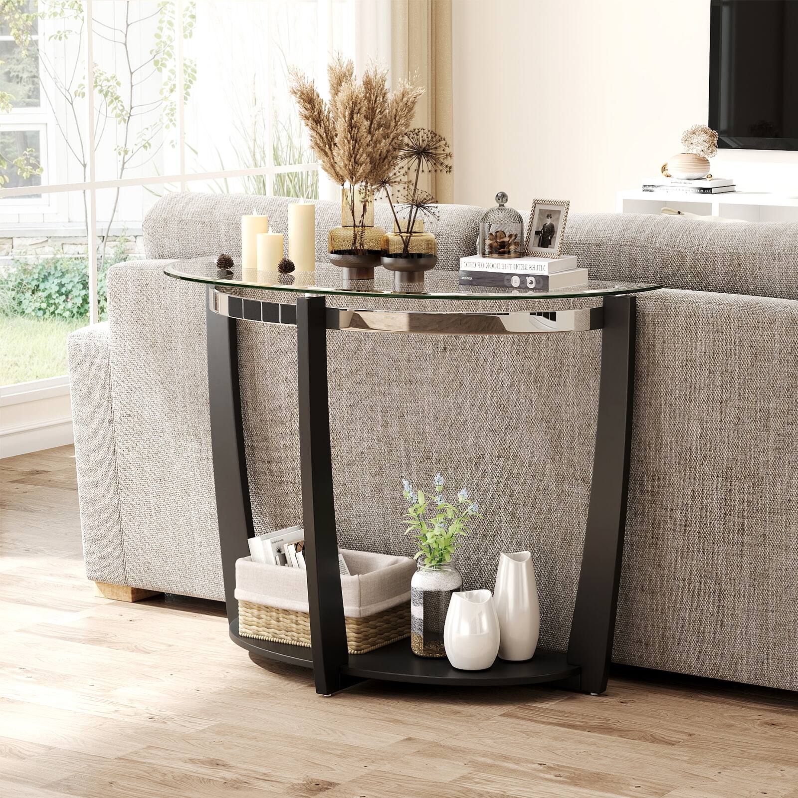 Alt View 1. Gymax - Gymax 2-tier Modern Half Moon Sofa Table w/Clear Glass Top & Open Shelffor Living Room Black - Black.