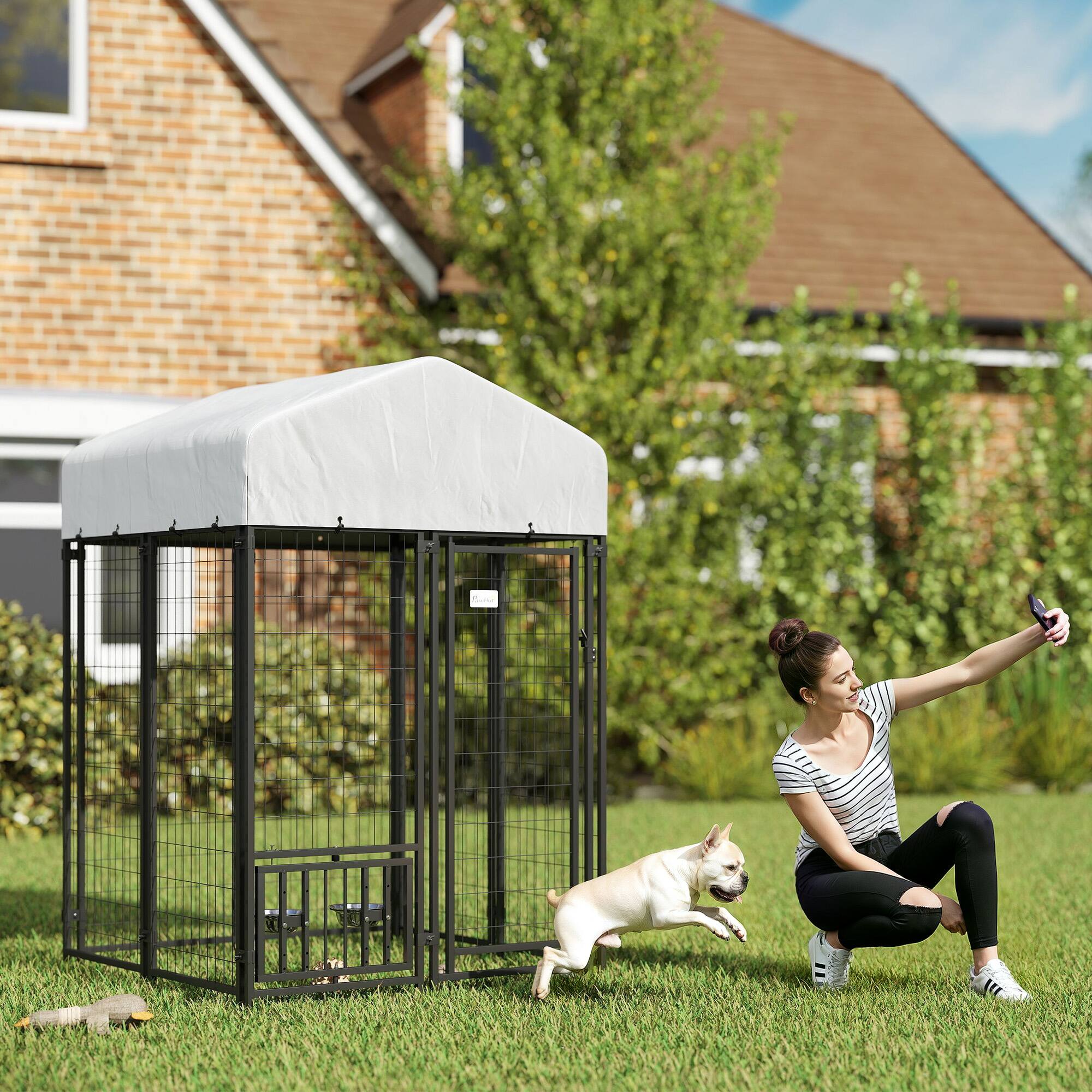 Angle. Pawhut - 3.9'x3.9'x6' Outdoor Dog Kennel, Welded Wire Run, 360° Rotating 4 Level Bowls, Waterproof Cover, S&M Dogs.