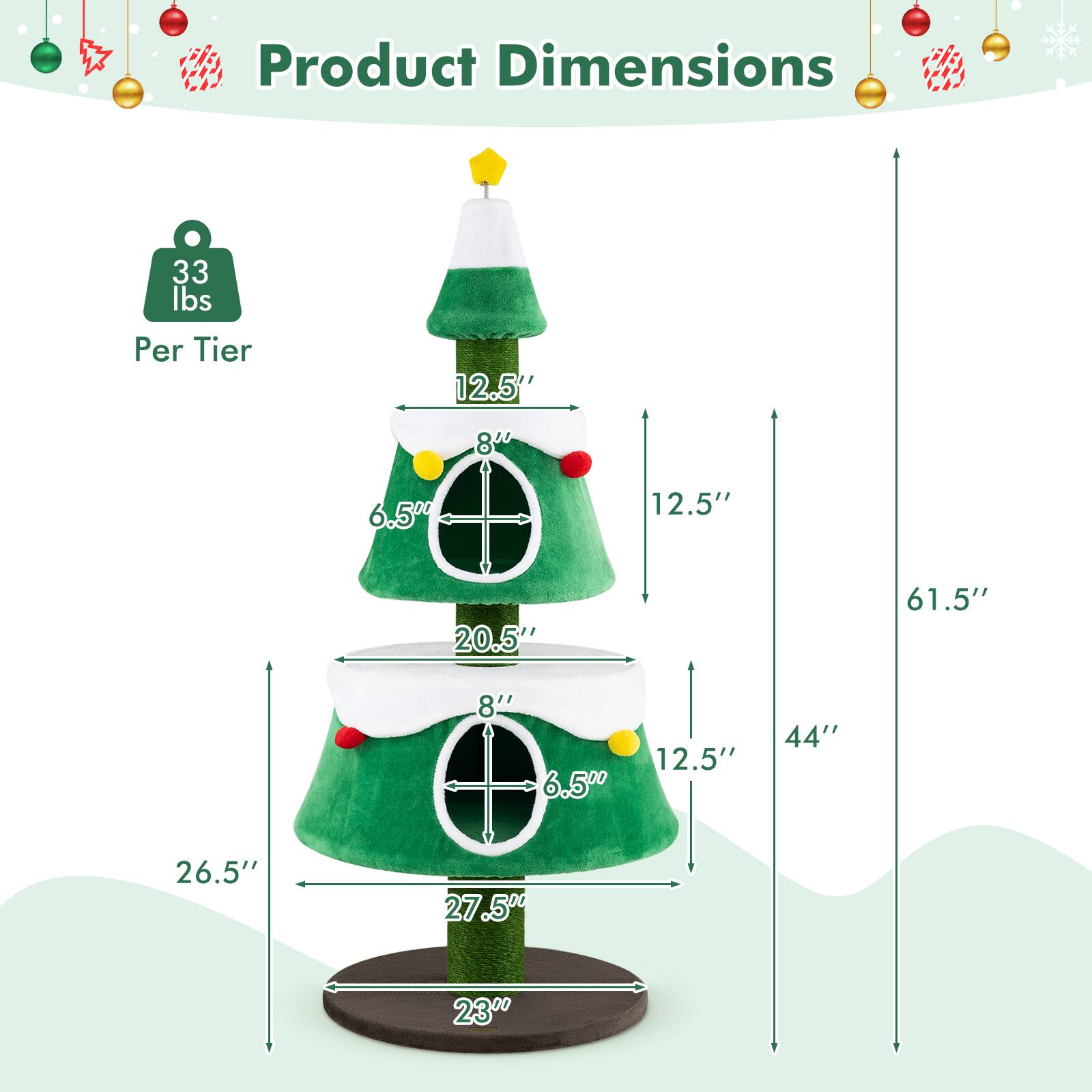 Product Dimensions  
33 lbs Per Tier  
12.5'  
800  
6.5"  
12.5"  
20.5"  
61.5"  
8"  
6.50  
12.5"  
44"  
26.5"  
27.50  
23"