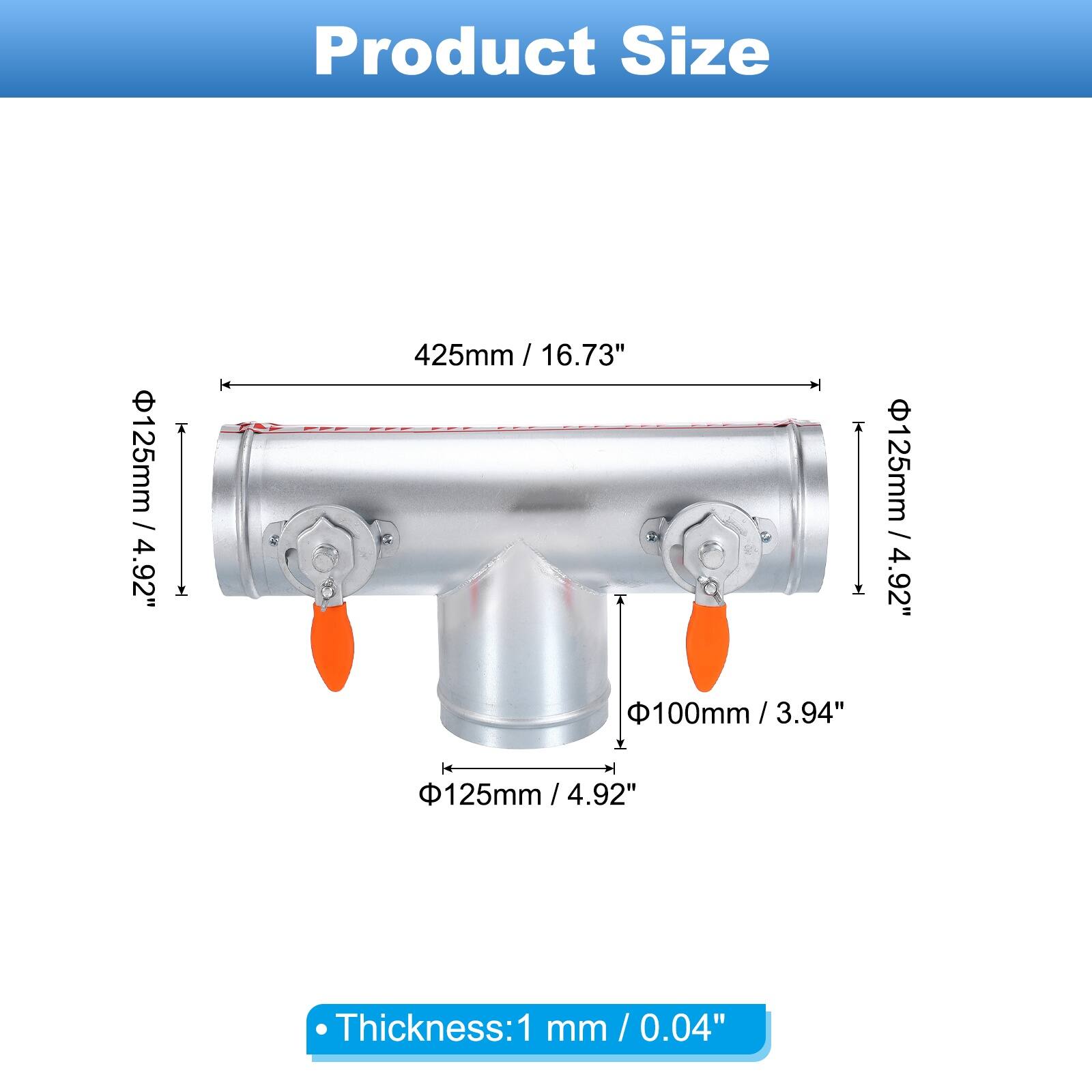 Product Size

- Diameter: 125mm / 4.92"
- Length: 425mm / 16.73"
- Thickness: 1mm / 0.04"

Additional Dimensions:
- 100mm / 3.94"