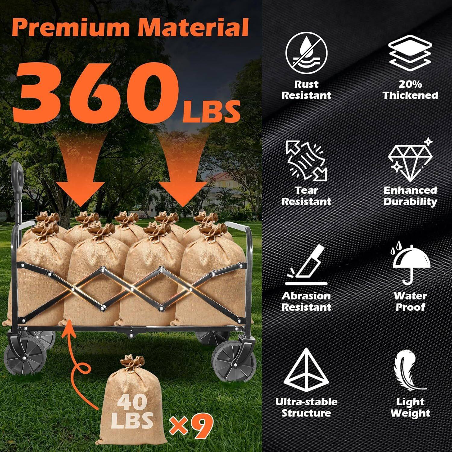 Premium Material  
360 LBS  
Rust Resistant  
20% Thickened  
Tear Resistant  
Enhanced Durability  
Abrasion Resistant  
Water Proof  
40 LBS x9  
Ultra-stable Structure  
Light Weight