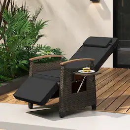 Costway - 1 PCS Patio Wicker Recliner Chair with Adjustable Backrest & Footrest Flip Side Table - Mix Brown + Black