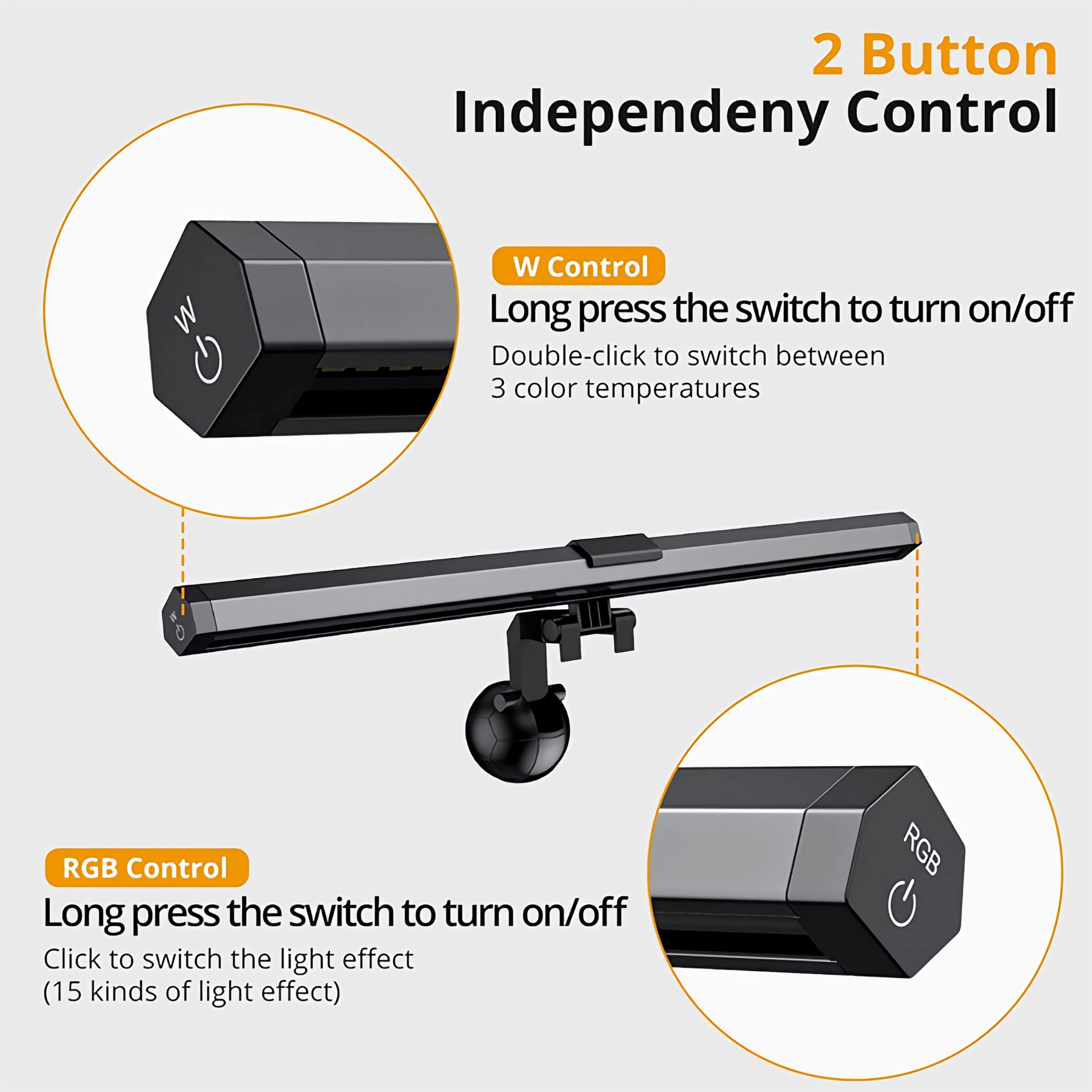 2 Button Independency Control

W Control
Long press the switch to turn on/off
Double-click to switch between 3 color temperatures

RGB Control
Long press the switch to turn on/off
Click to switch the light effect (15 kinds of light effect)