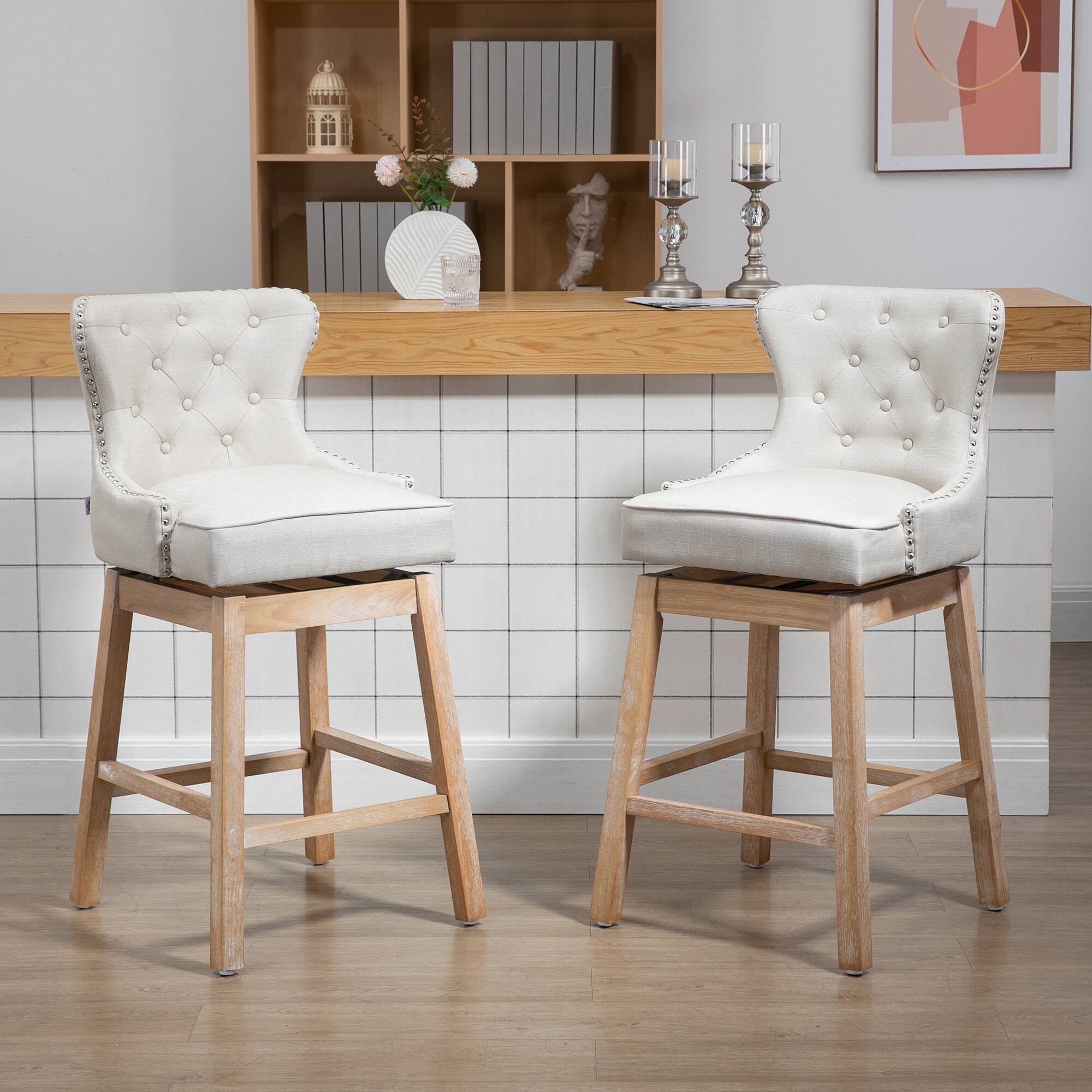 Alt View 5. Homcom - Memory Swivel Bar Stools Set of 2, Upholstered Fabric Bar Height Stools (30"H) with Tufted Back, Nailhead-Trim - white.