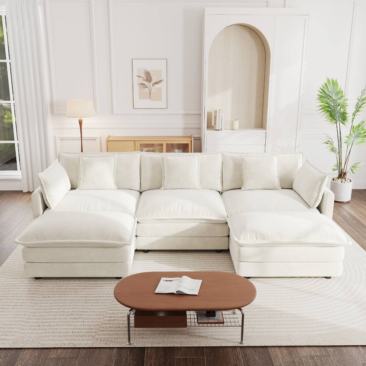 Left. Ropilly - Ropilly U Shaped Sectional Sofa, White Chenille Convertible Corner Couch with Reversible Footrest and 2 Ottomans - White.