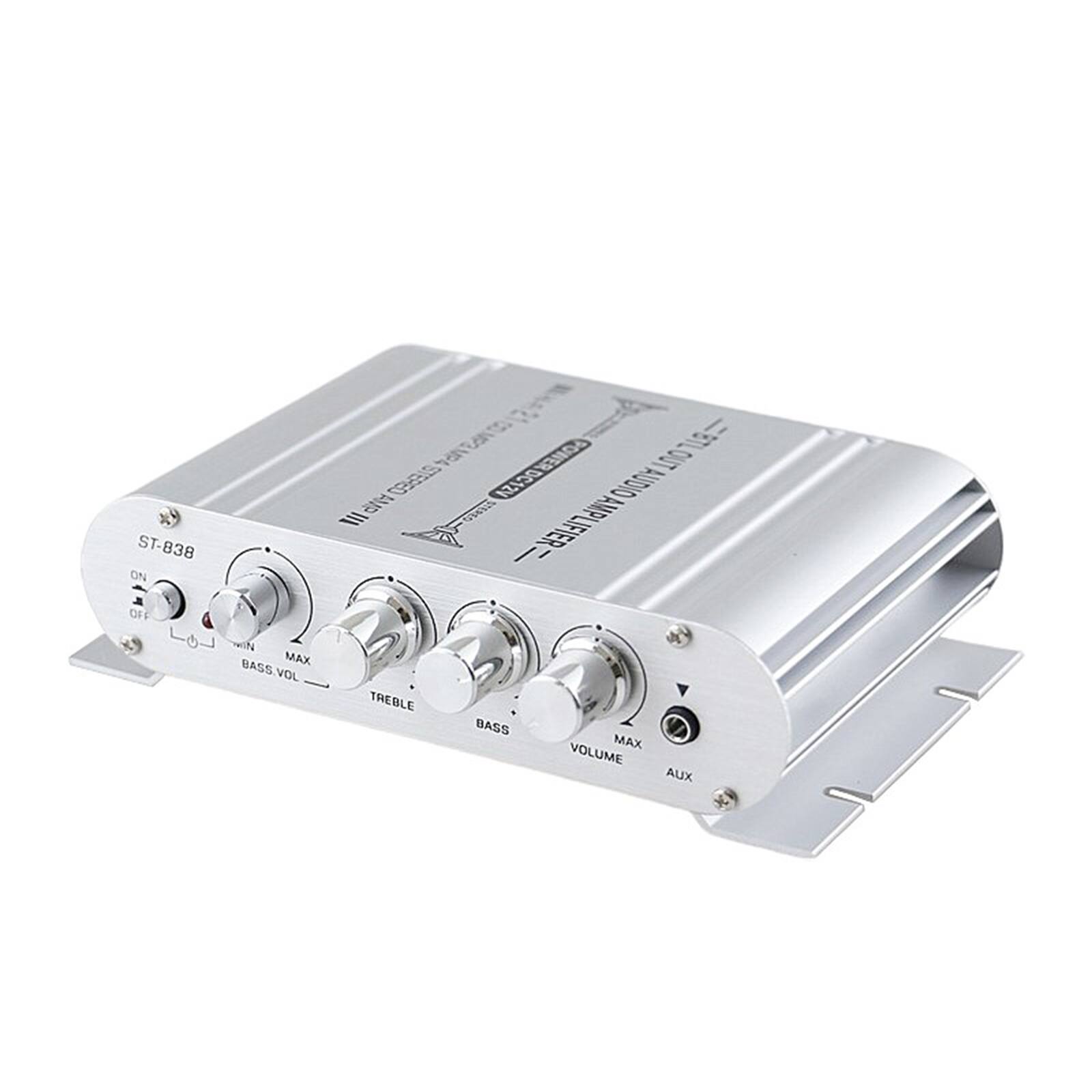 ST-838  
ON/OFF  
BASS VOL  
TREBLE  
BASS  
VOLUME  
AUX  
POWER OUT  
BIEEO POWER DC12V BC12V  
AUDIO III CR AMP LIFIER OF O  
MAX BASS, VOL, TREBLE, BASS, MAX VOLUME AUX