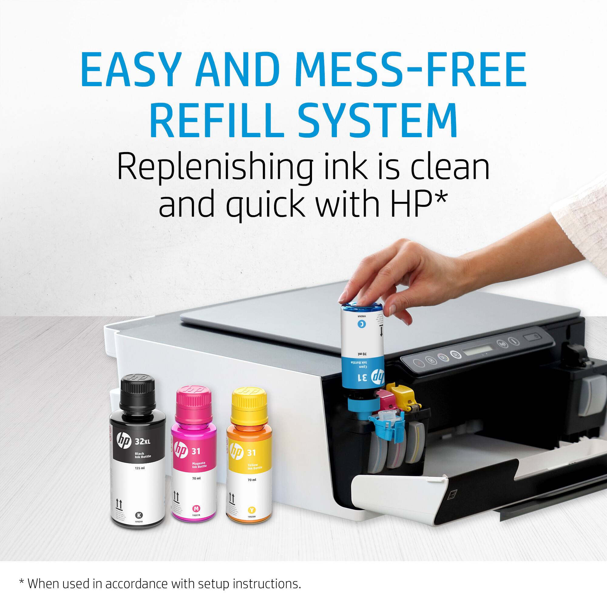 EASY AND MESS-FREE REFILL SYSTEM

Replenishing ink is clean and quick with HP*

*When used in accordance with setup instructions.