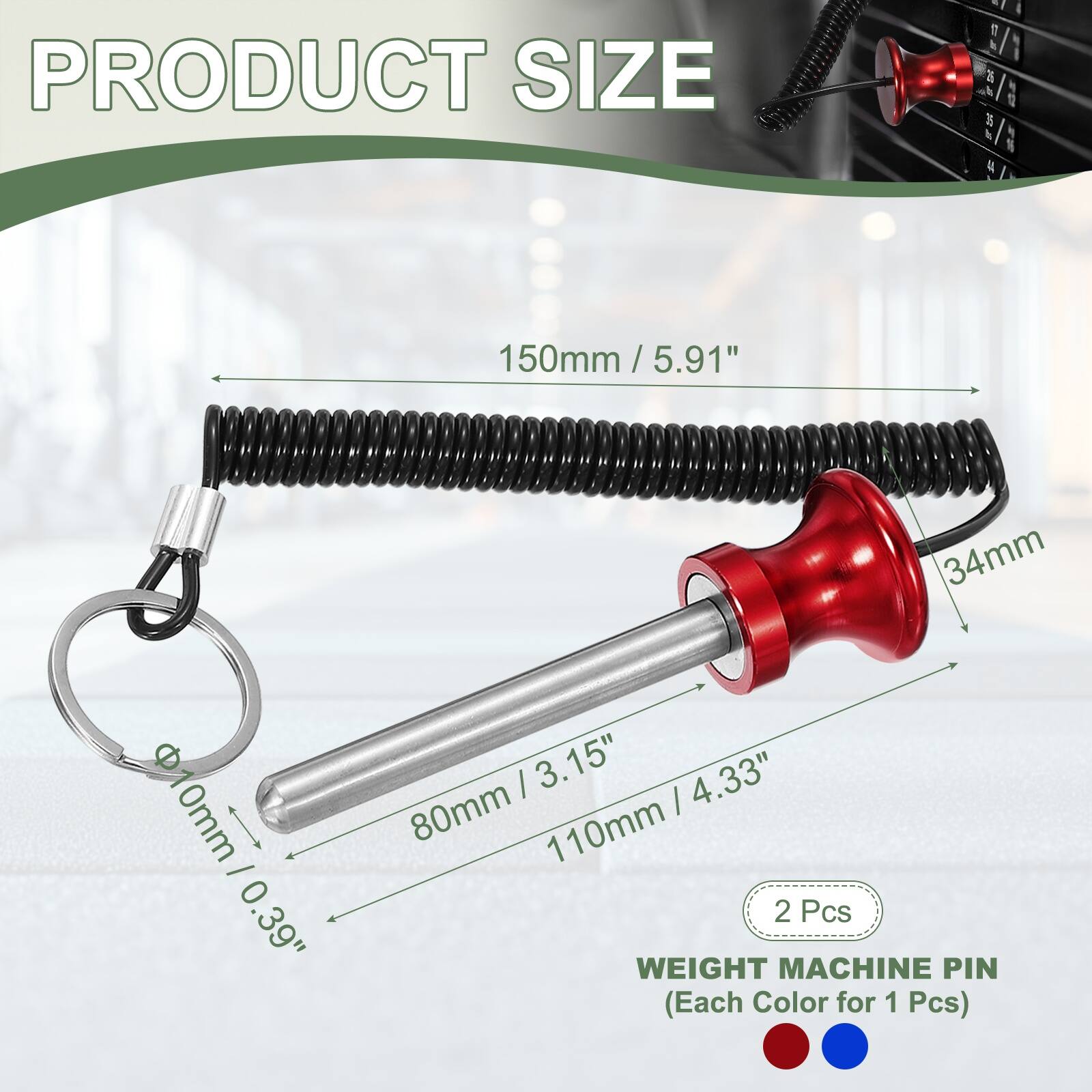PRODUCT SIZE

150mm / 5.91"  
34mm / 1.34"  
80mm / 3.15"  
110mm / 4.33"  
Ø10mm / 0.39"  

2 Pcs  
WEIGHT MACHINE PIN (Each Color for 1 Pcs)
