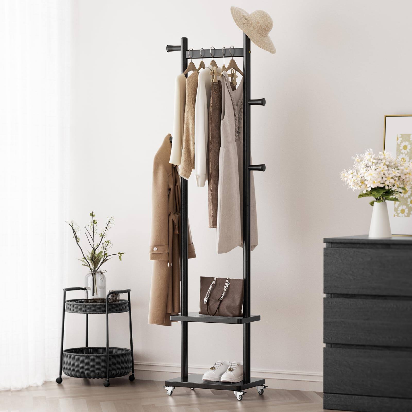 Alt View 4. HM 1810 - Solid Wood Coat Rack Freestanding Clothing With Wheels & 2 Shelves Storage Heavy Duty Clothes Tree Stand Hat... - Black Size S.