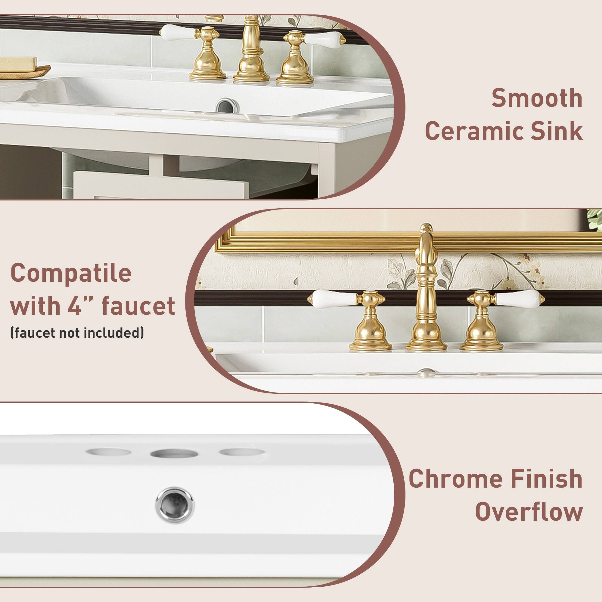 Smooth Ceramic Sink  
Compatible with 4" faucet (faucet not included)  
Chrome Finish Overflow