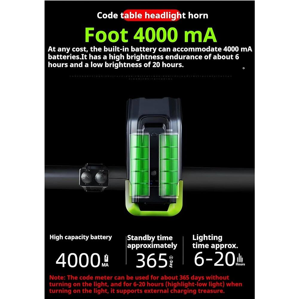 Code table headlight horn  
Foot 4000 mA  

At any cost, the built-in battery can accommodate 4000 mA batteries. It has a high brightness endurance of about 6 hours and a low brightness of 20 hours.  

High capacity battery  
4000 mA  

Standby time approximately 365 days  

Lighting time approximately 6-20 hours  

Note: The code meter can be used for about 365 days without turning on the light, and for 6-20 hours (highlight-low light) when turning on the light, it supports external charging treasure.