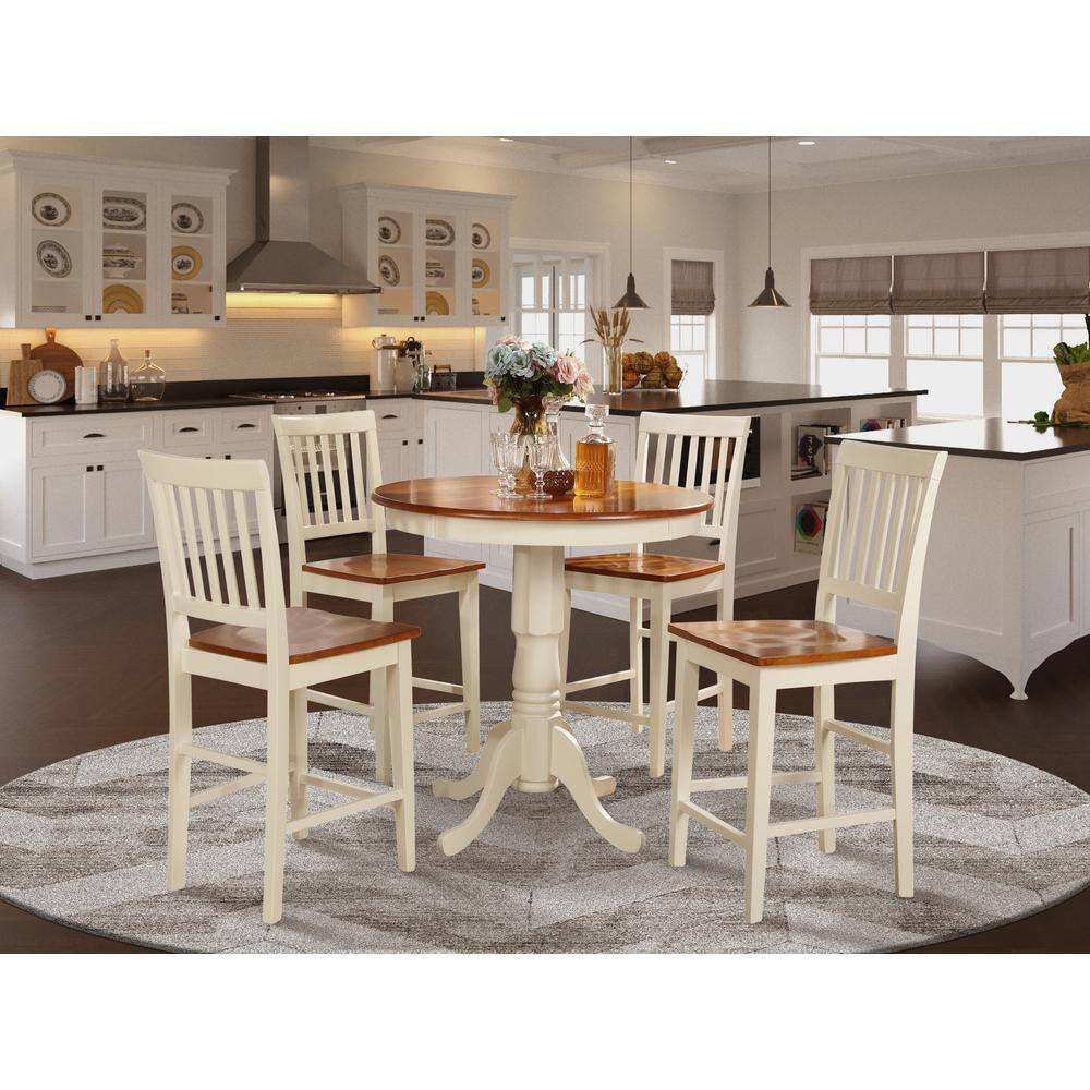 Back. East West Furniture - 5 Pc counter height Dining set-high Table and 4 Kitchen Chairs - Buttermilk & Cherry.