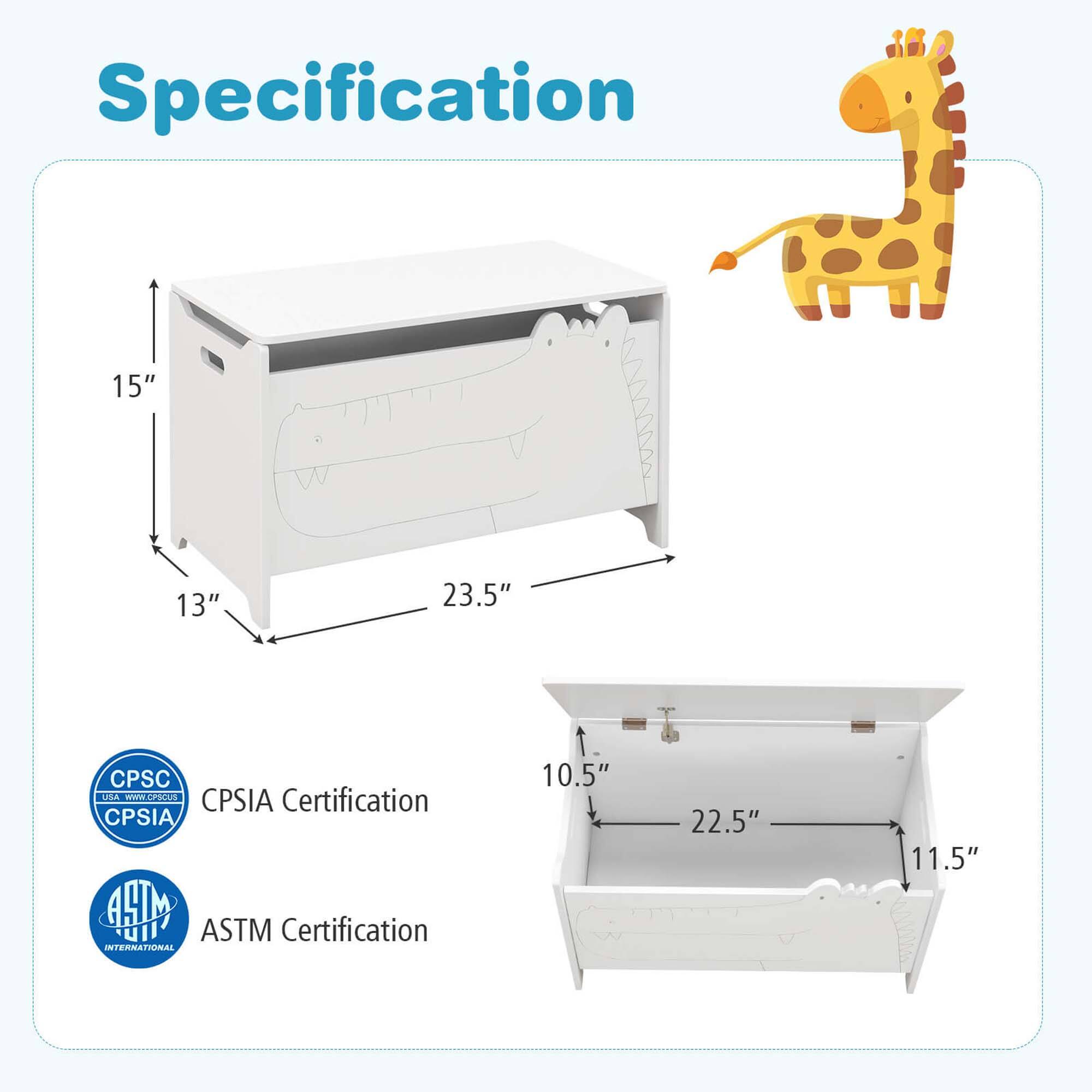 Specification

- 15"
- 13"
- 23.5"
- 10.5"
- 22.5"
- 11.5"

Certifications:
- CPSC USA
- CPSIA Certification
- ASTM Certification INTERNATIONAL
