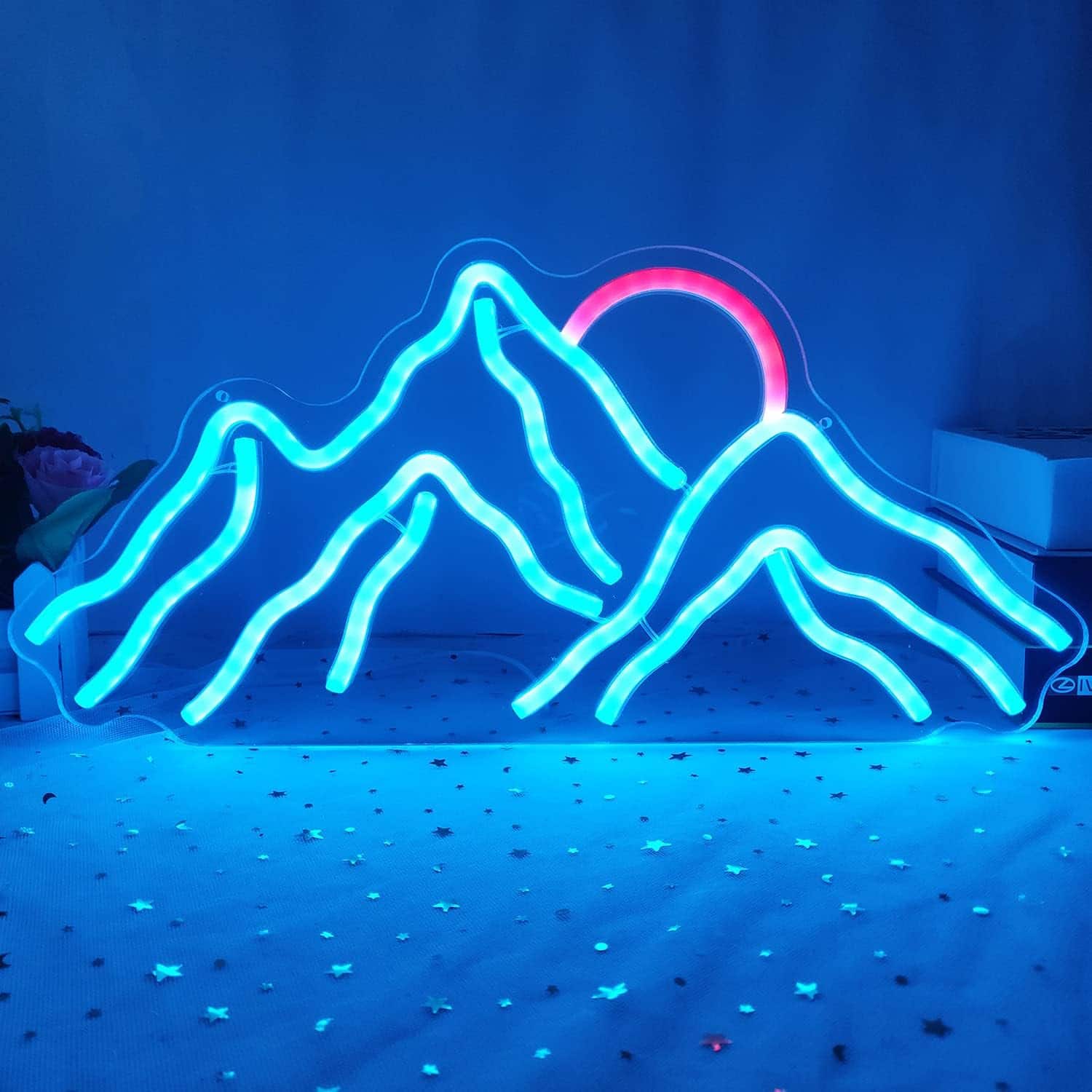 Auledio - Dimmable Mountain Neon LED Light Sign Sunrise & Sunset for Bedroom, Living Room, Hotel, Wall Decor Christmas Gift - Ice Blue,Red