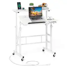 Front. Costway - Costway Mobile Stand up Computer Desk Rolling Standing Laptop Cart with 2 Tilting Desktops Height Adjustable - White.