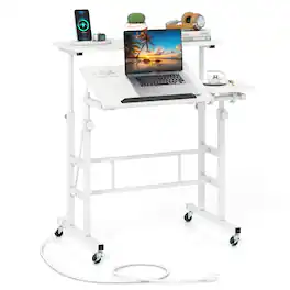 Costway - Mobile Stand up Computer Desk Rolling Standing Laptop Cart with 2 Tilting Desktops Height Adjustable - White