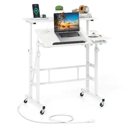 Front. Costway - Costway Mobile Stand up Computer Desk Rolling Standing Laptop Cart with 2 Tilting Desktops Height Adjustable - White.