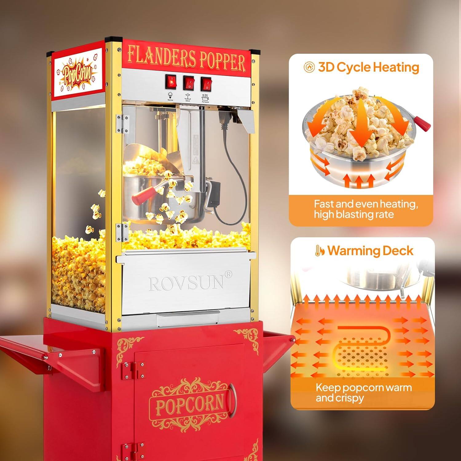 FLANDERS POPPER

3D Cycle Heating
Fast and even heating, high blasting rate

ROVSUN Warming Deck
Keep popcorn warm and crispy