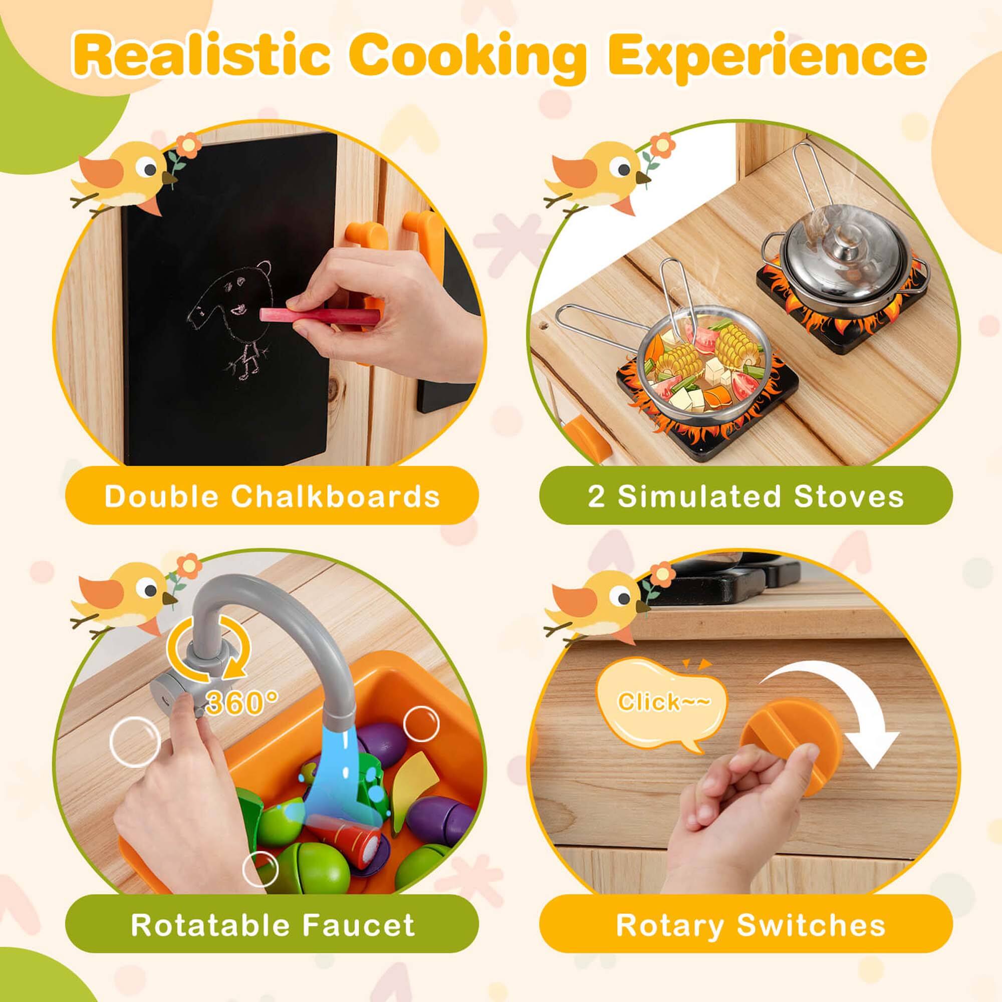 Realistic Cooking Experience

- Double Chalkboards
- 2 Simulated Stoves
- Rotatable Faucet
- Rotary Switches