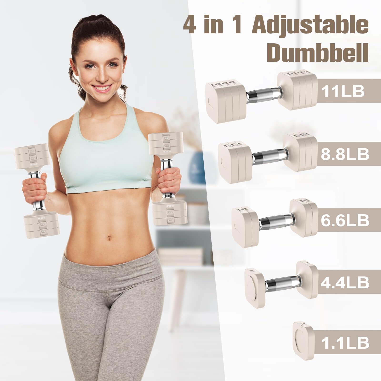 4 in 1 Adjustable Dumbbell

11LB  
8.8LB  
6.6LB  
4.4LB  
1.1LB
