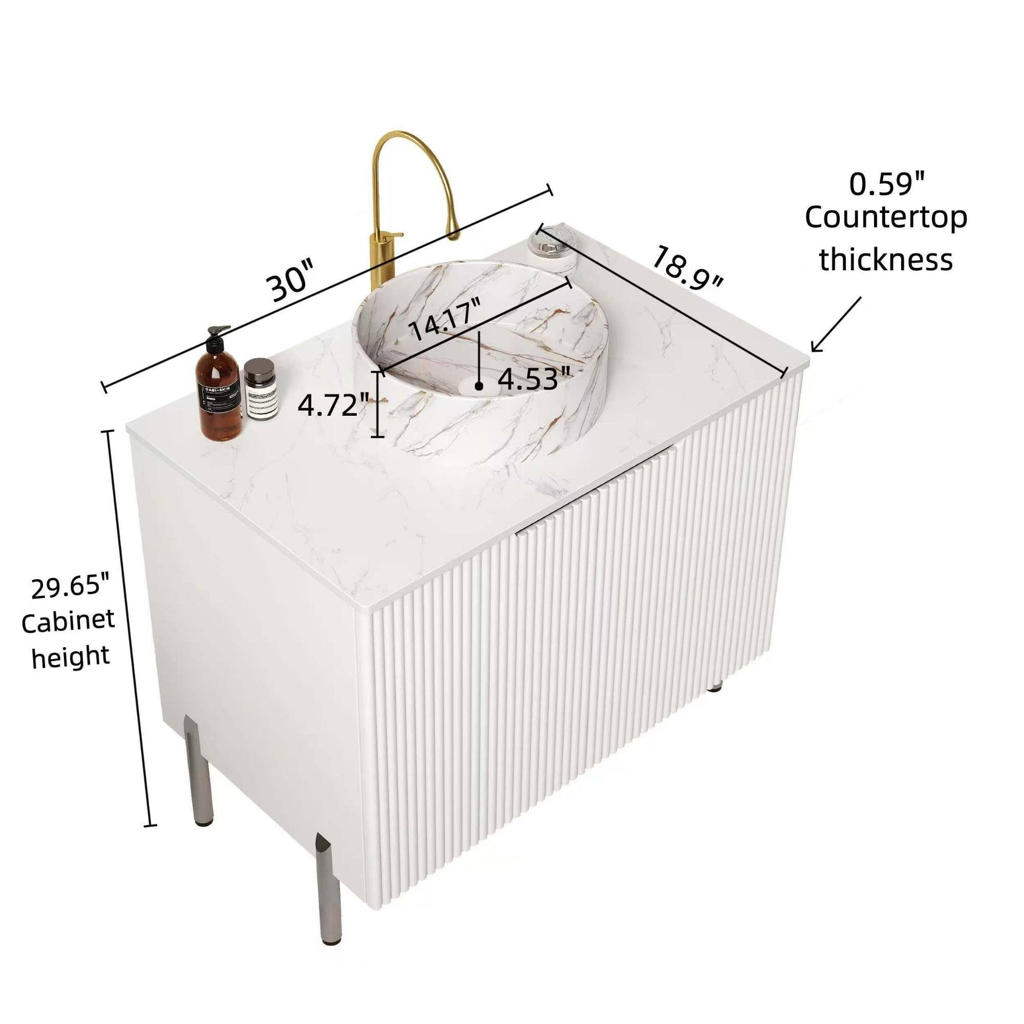 - 30"
- 14.17"
- 4.72"
- 4.53"
- 18.9"
- 0.59" Countertop thickness
- 29.65" Cabinet height