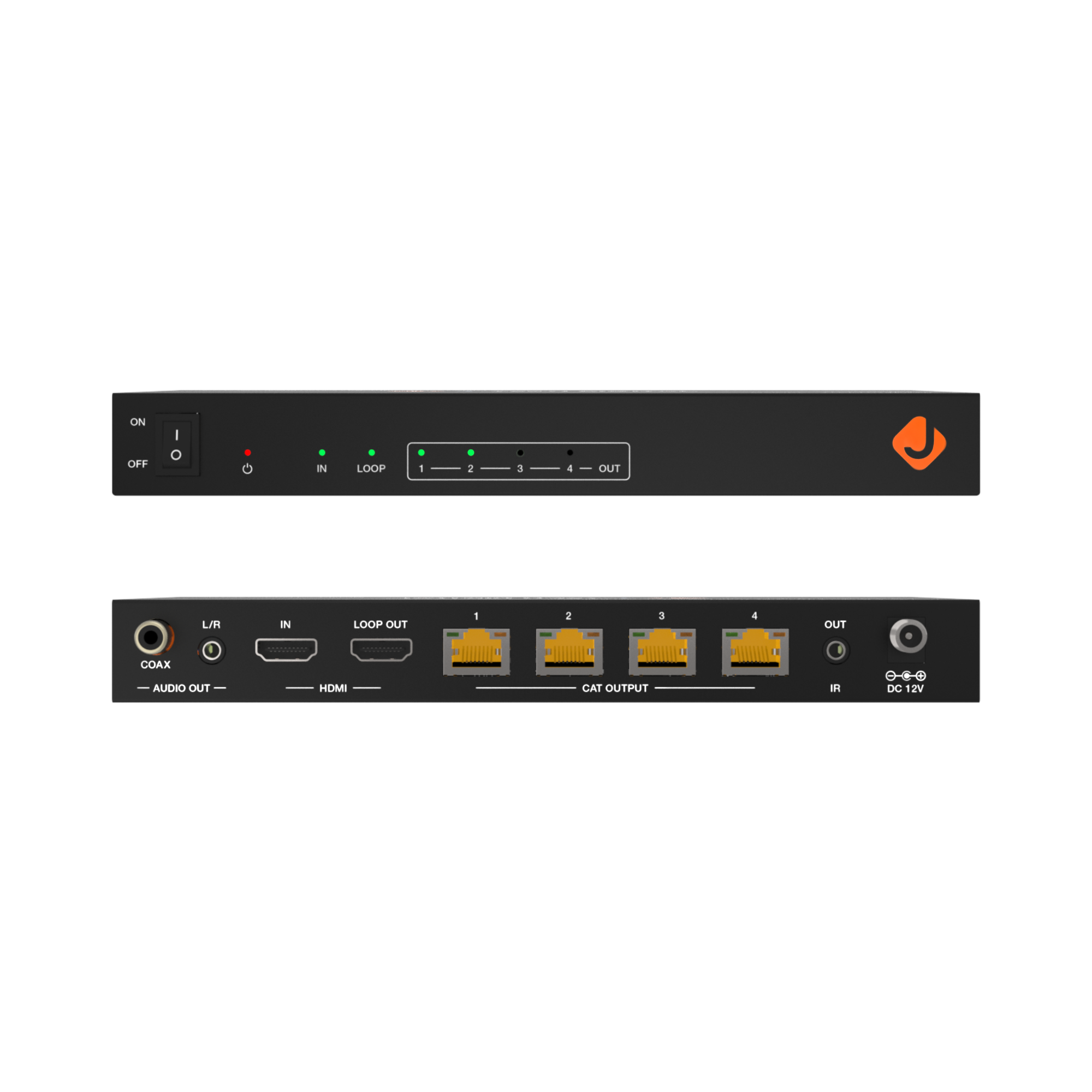 ON OFF IN LOOP 1 2 3 4 OUT L/R IN LOOP OUT COAX AUDIO OUT HDMI CAT OUTPUT IR DC12V