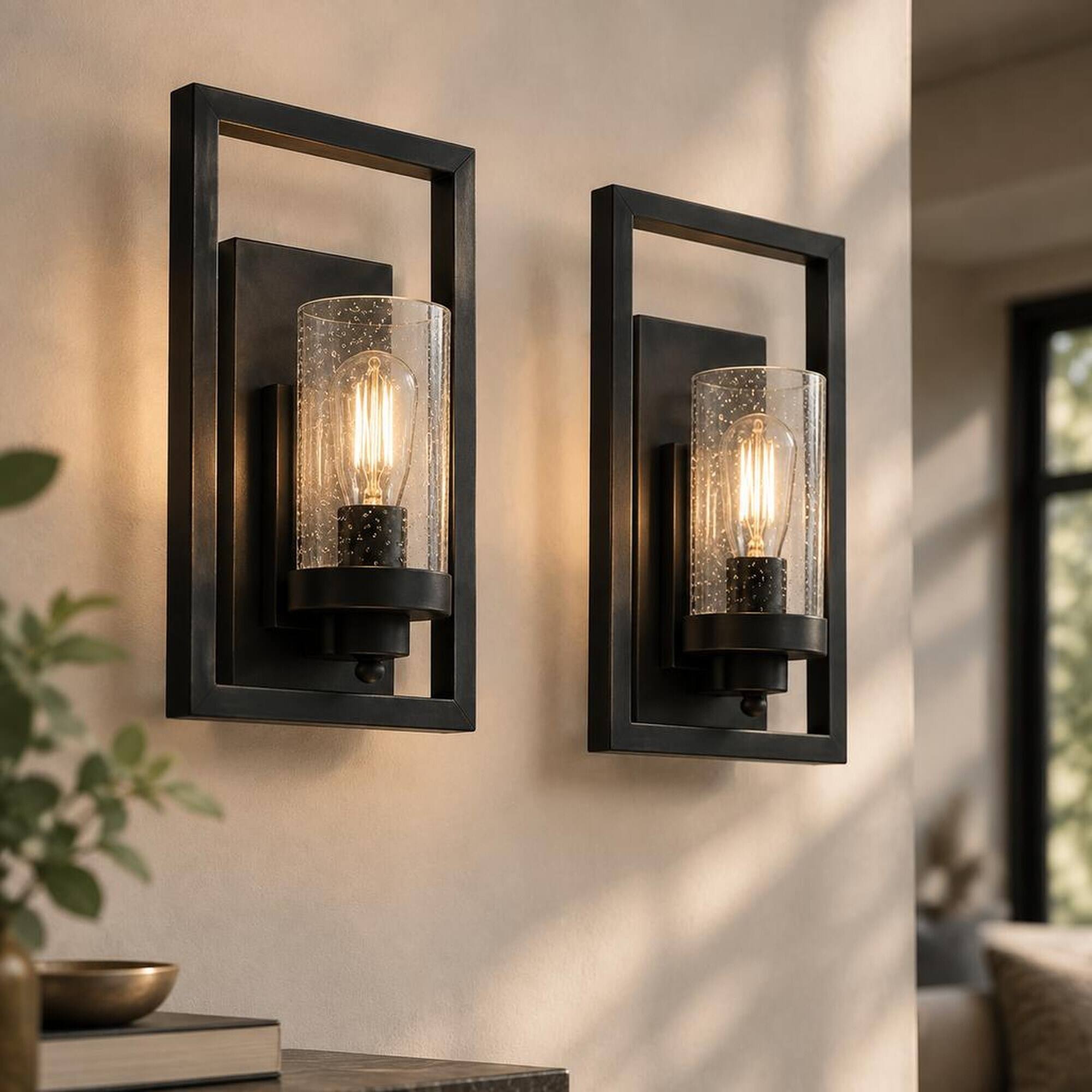Front. RYHNUYNE - Set Of 2 Industrial Vintage Glass Wall Sconce, Clear Glass Shade E26 Metal Fixture for Bedroom Living Room Black - Black.