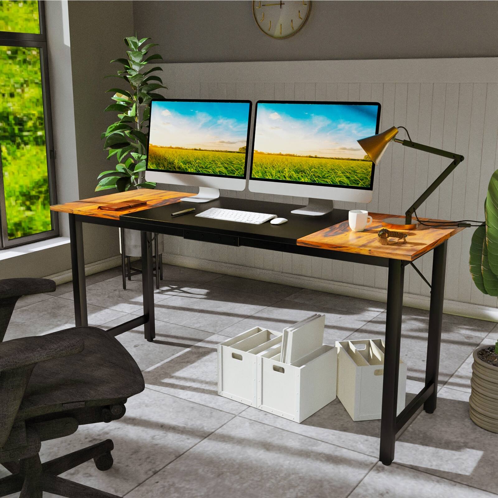 Alt View 8. Ecooso - 63 Inch Modern Computer Desk, Splice Desktop with Heavy-Duty Steel Frame for Home Office - Black  Rustic Brown.