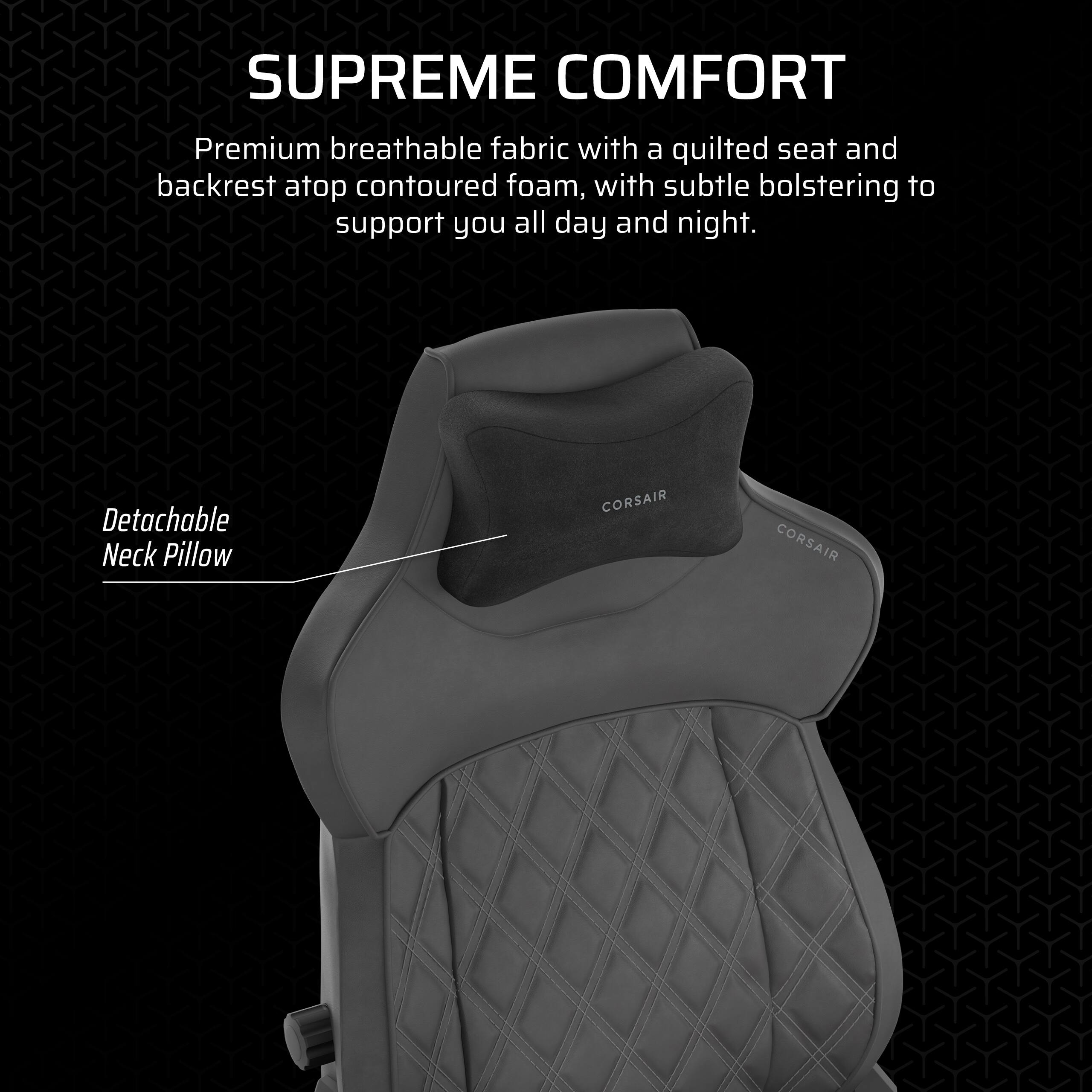 The image features a black chair with a detachable neck pillow. The chair is made of premium breathable fabric with a quilted seat and backrest atop contoured foam, providing subtle bolstering to support the user all day and night. The neck pillow is detachable, offering additional comfort and support for the user. The chair is designed by Corsair, and the image showcases the comfort and support provided by the chair and its features.