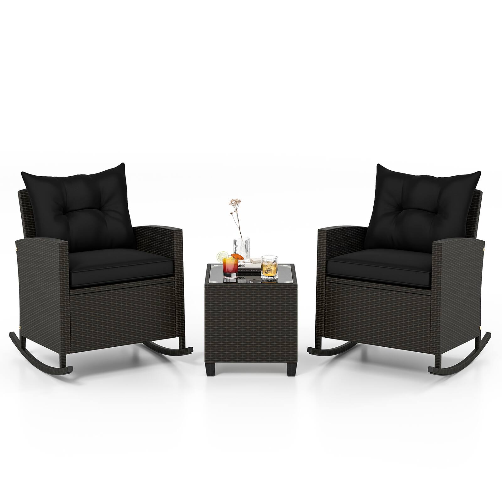 Alt View 8. Gymax - Gymax Set of 3 Wicker Rocking Set w/ Tempered Glass Table Patio Outdoor Black - Black.