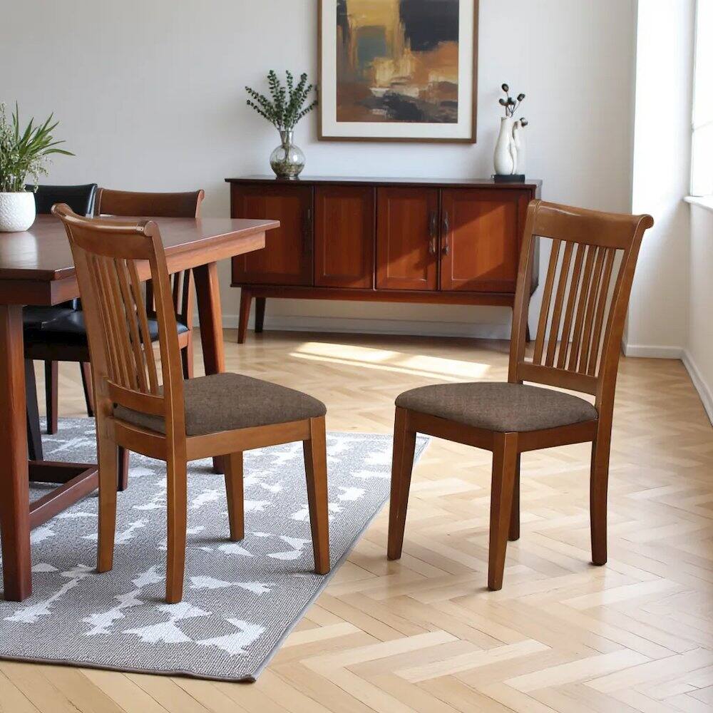 Angle. FurniFact - Elegant Slat Back Dining Chairs Set of 2 – Brown Wooden Kitchen Seats - Saddle Brown.