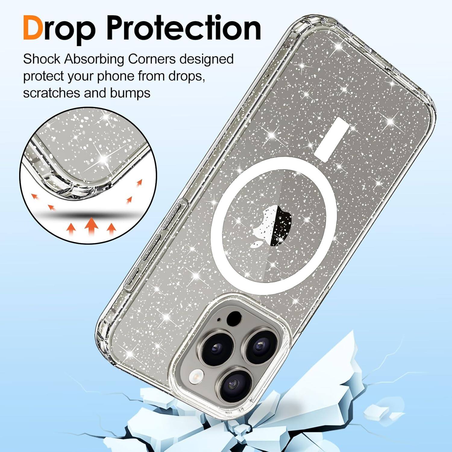 Drop Protection, Shock Absorbing Corners designed to protect your phone from drops, scratches and bumps