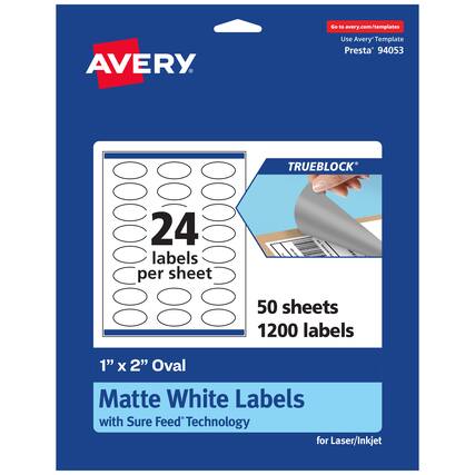 Go to avery.com/templates
AVERY
Use Avery™ Template Presta™ 94053
TRUEBLOCK®
24 labels per sheet
50 sheets
1200 labels
1" x 2" Oval
Matte White Labels with Sure Feed® Technology for Laser/Inkjet