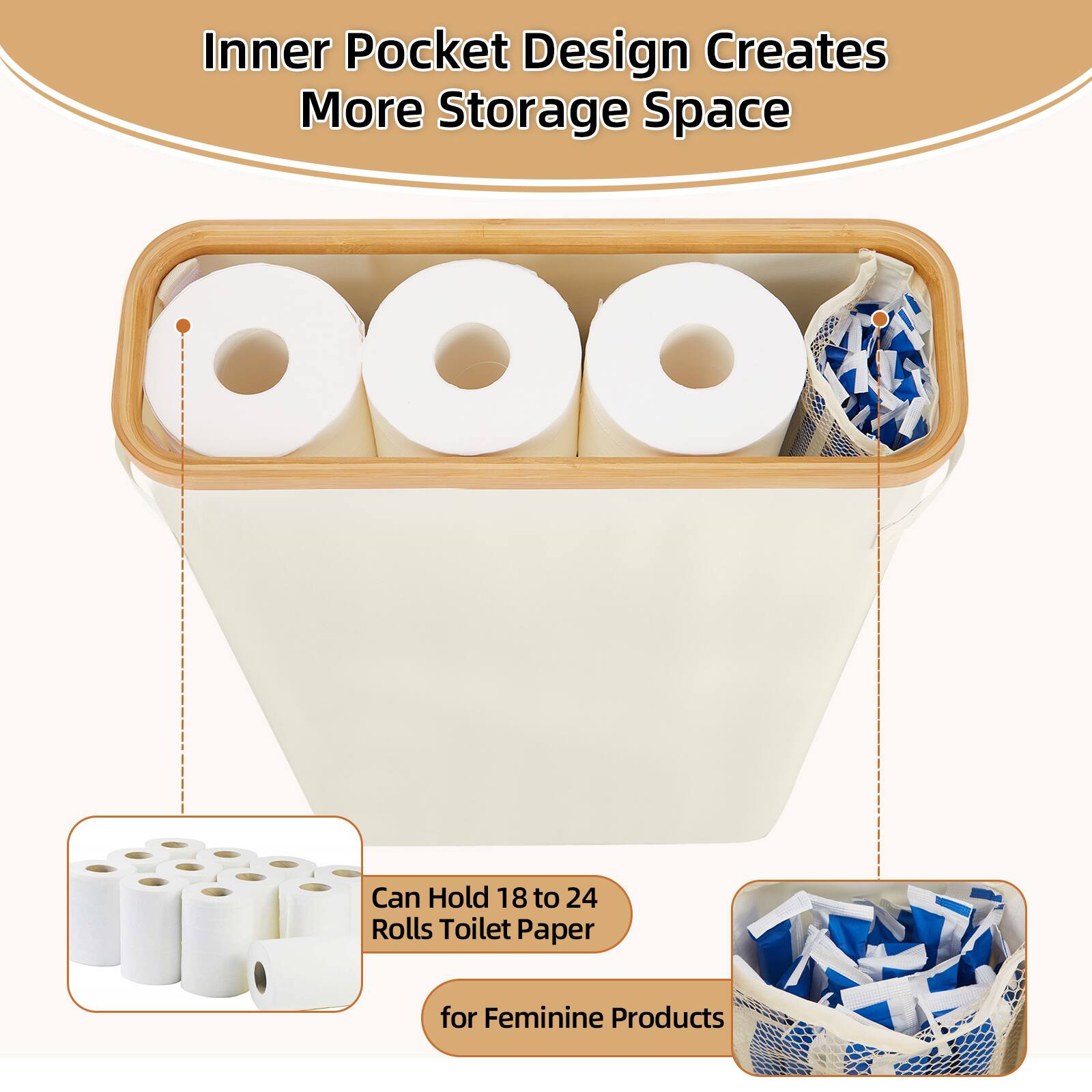 Inner Pocket Design Creates More Storage Space, Can Hold 18 to 24 Rolls Toilet Paper for Feminine Products