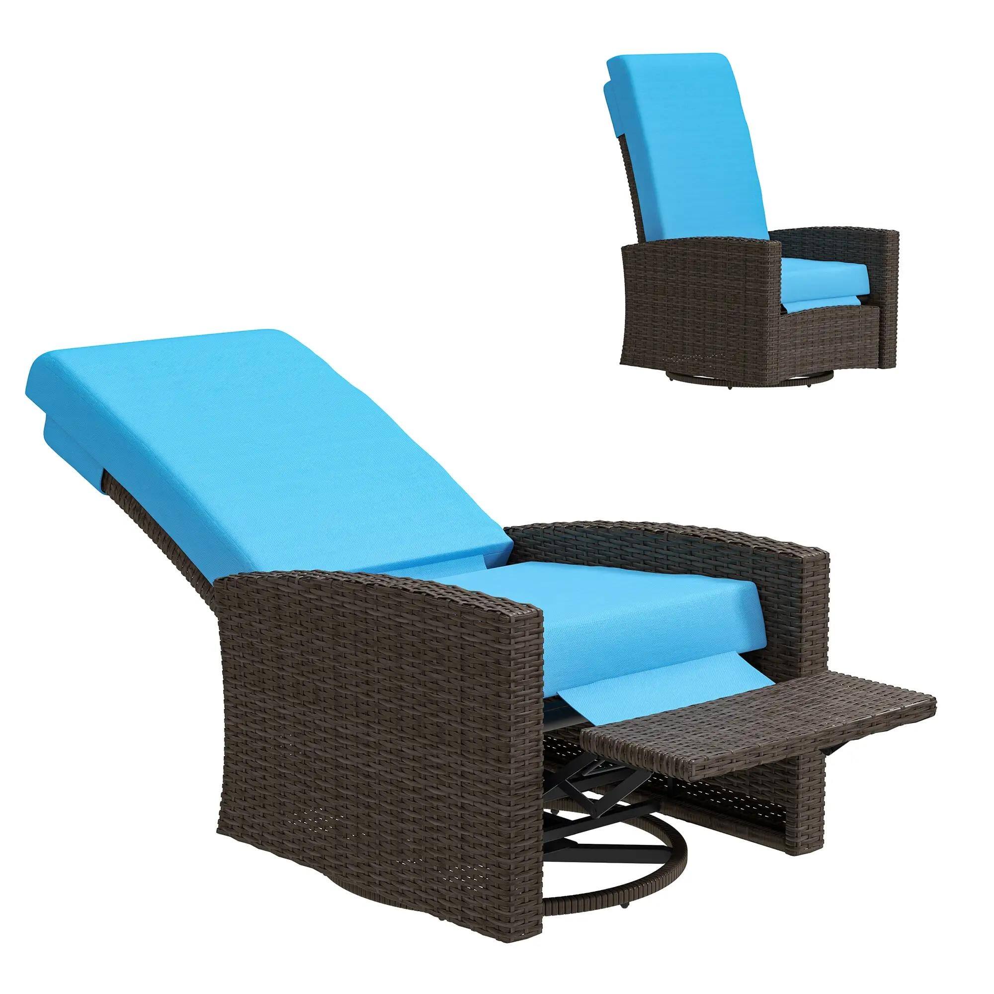 Angle. Resenkos - Resenkos Wicker Swivel Recliner, Lifting Footrest, 360° Rotating, Durable Cushions, Comfortable Outdoor Chair, Sky Blue - Sky Blue.