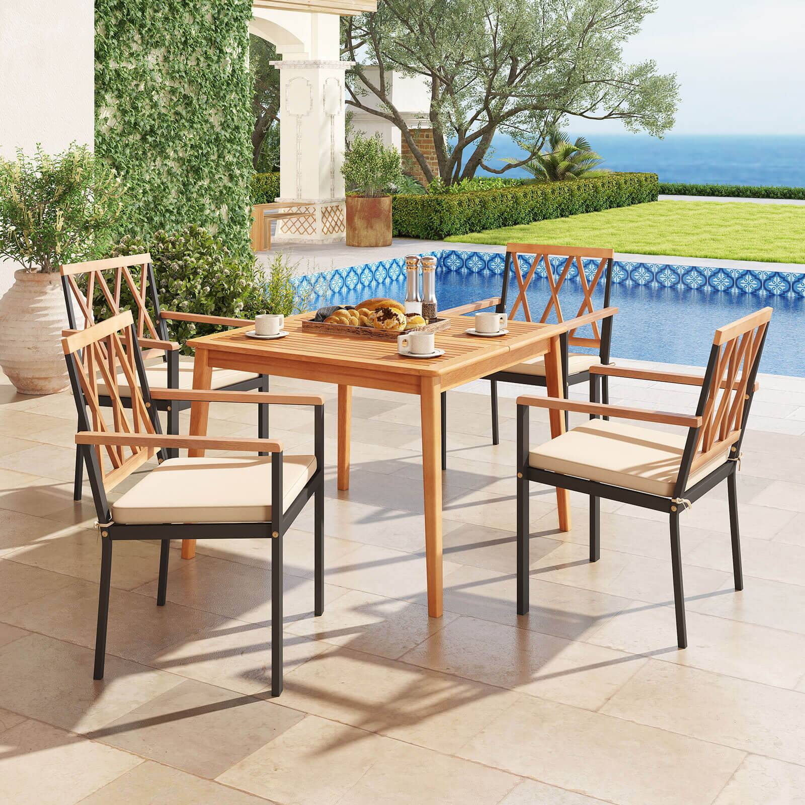 Alt View 1. Costway - Costway 5 PCS Patio Acacia Wood Dining Set with Soft Seat Cushions Umbrella Hole for Yard - Natural,Black.