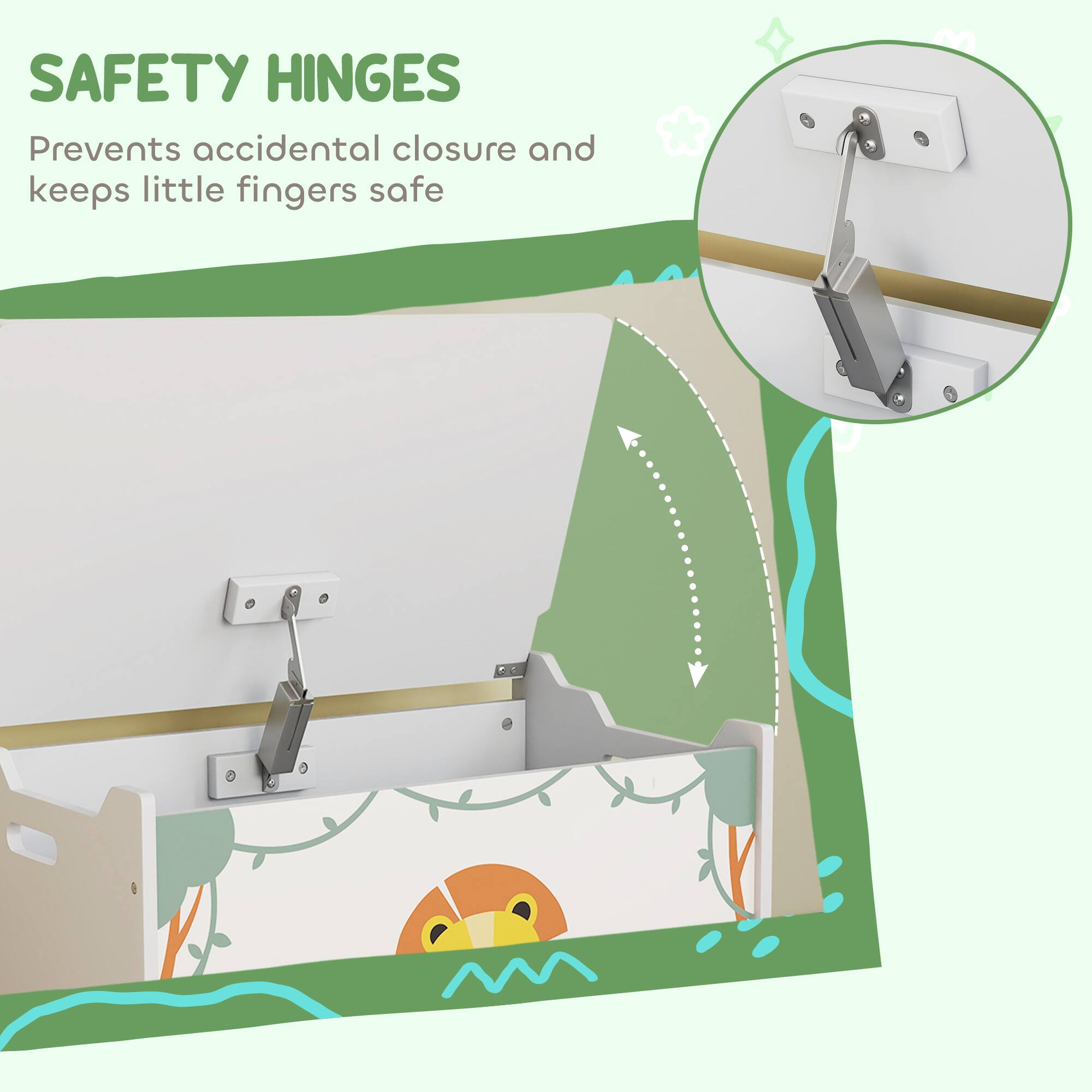 SAFETY HINGES  
Prevents accidental closure and keeps little fingers safe