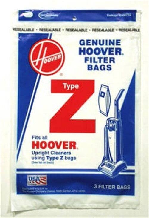 RESEALABLE  
RESEALABLE  
RESEALABLE  
RESEALABLE  
RESEALABLE  

GENUINE HOOVER FILTER BAGS  
Type Z  

Fits all HOOVER Upright Cleaners using Type Z bags  

3 FILTER BAGS  

USA