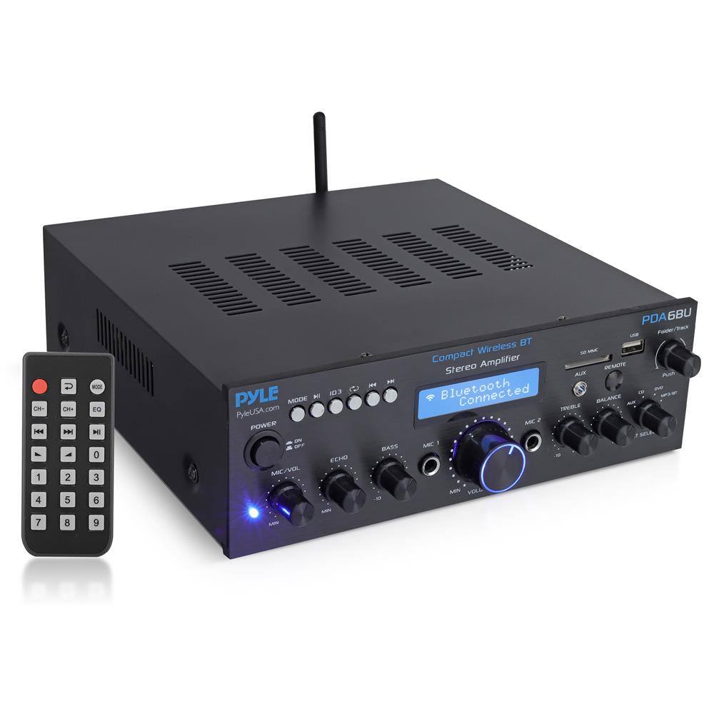PyleUSA.com  
PDA6BU  
Compact Wireless BT Stereo Amplifier  
Bluetooth Connected  

- C- HH 1 4 7 U ORA H 2 5 8 - EG H 0 3 6 9 H EOI  
- PyleUSA.com  
- POWER - a7 ECHO MIC MIC/VOL M  
- Me MARE an PDA6BU  
- Ftte/Teck BT Wireless AL Compact Amplifier Stereo INEMOTE AU nan Bluetooth Connected  
- BALANCE 12 TREBLE MC 2 MIC AdN HOLL  

- CH- CH+  
- EQ  
- MODE  
- 0 1 2 3 4 5 6 7 8 9  
- MIC/VOL  
- ECHO  
- AUX  
- BASS  
- TREBLE  
- BALANCE  
- AUX  
- MIC 1  
- MIC 2  
- VOLUME  
- MIN  
- MAX  
- SD MIC  
- AUX  
- INEMOTE  
- PUR  
- 1/8"  
- 1/8"  
- 1/8"  
- 1/8"  
- 1/8"  
- 1