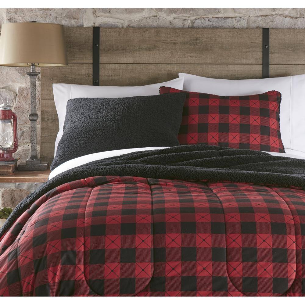 Alt View 1. Shavel Home Products - Micro Flannel Reverse to Sherpa Comforter Set, King, Buffalo Check Red - Buffalo check red.
