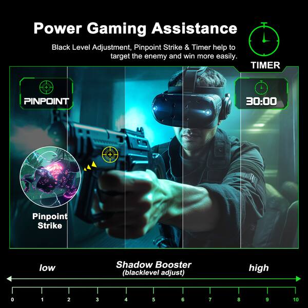 Power Gaming Assistance  
Black Level Adjustment, Pinpoint Strike & Timer help to target the enemy and win more easily.  

TIMER + PINPOINT  
30:00  

Pinpoint Strike  
low  
Shadow Booster (blacklevel adjust)  
high  
0 1 2 3 4 5 6 7 8 9 10