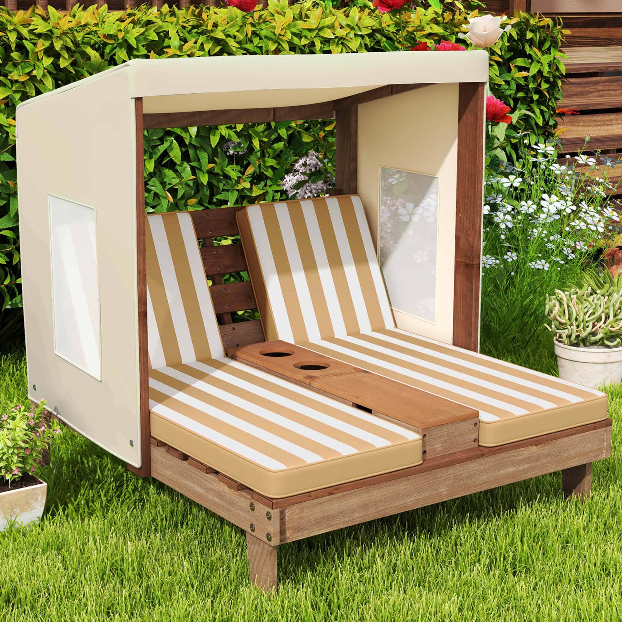 Alt View 1. Costway - Kids Double Chaise Lounge Patio Lounge Chair with Cup Holders & Awning - Brown + Natural.