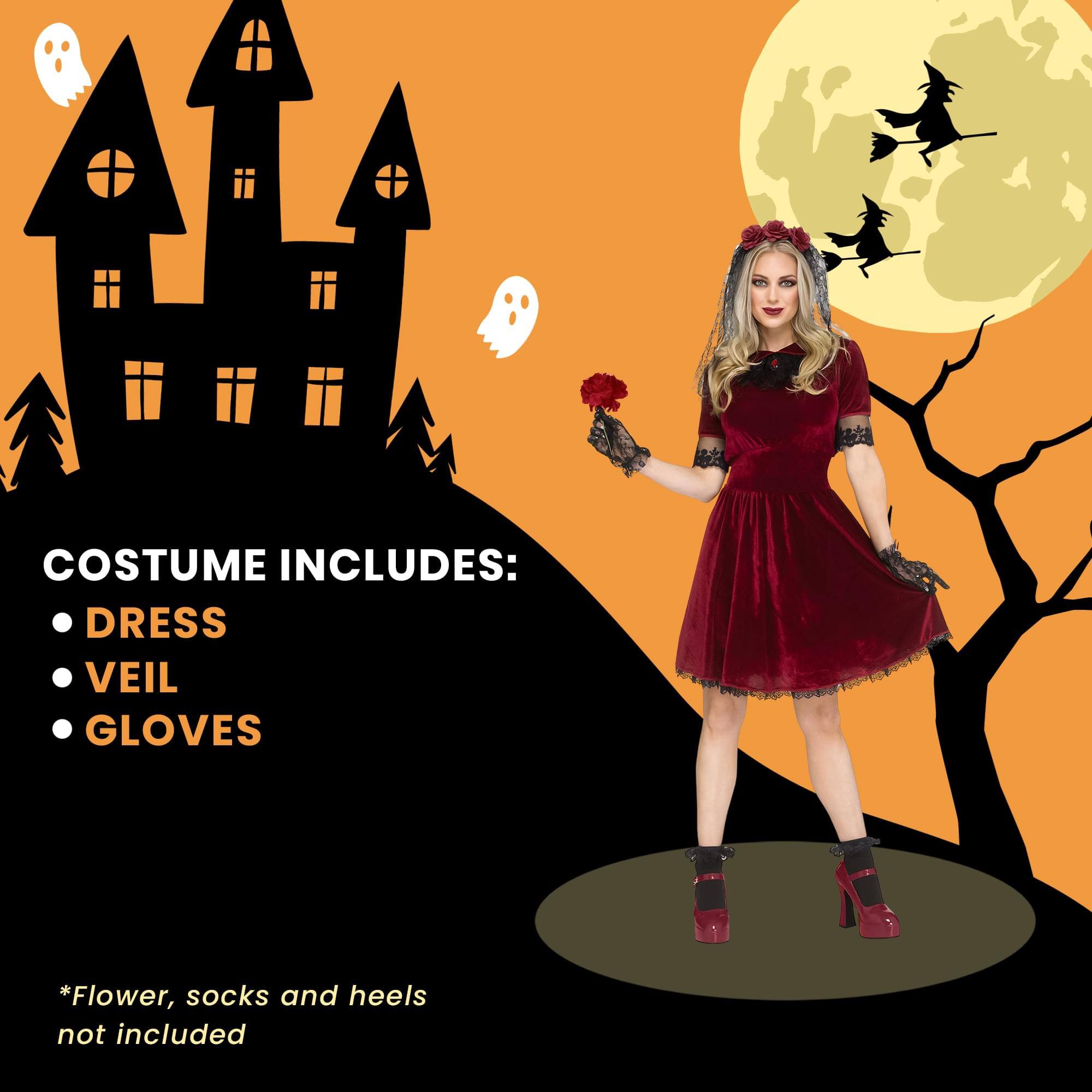 COSTUME INCLUDES:  
- DRESS  
- VEIL  
- GLOVES  

*Flower, socks and heels not included
