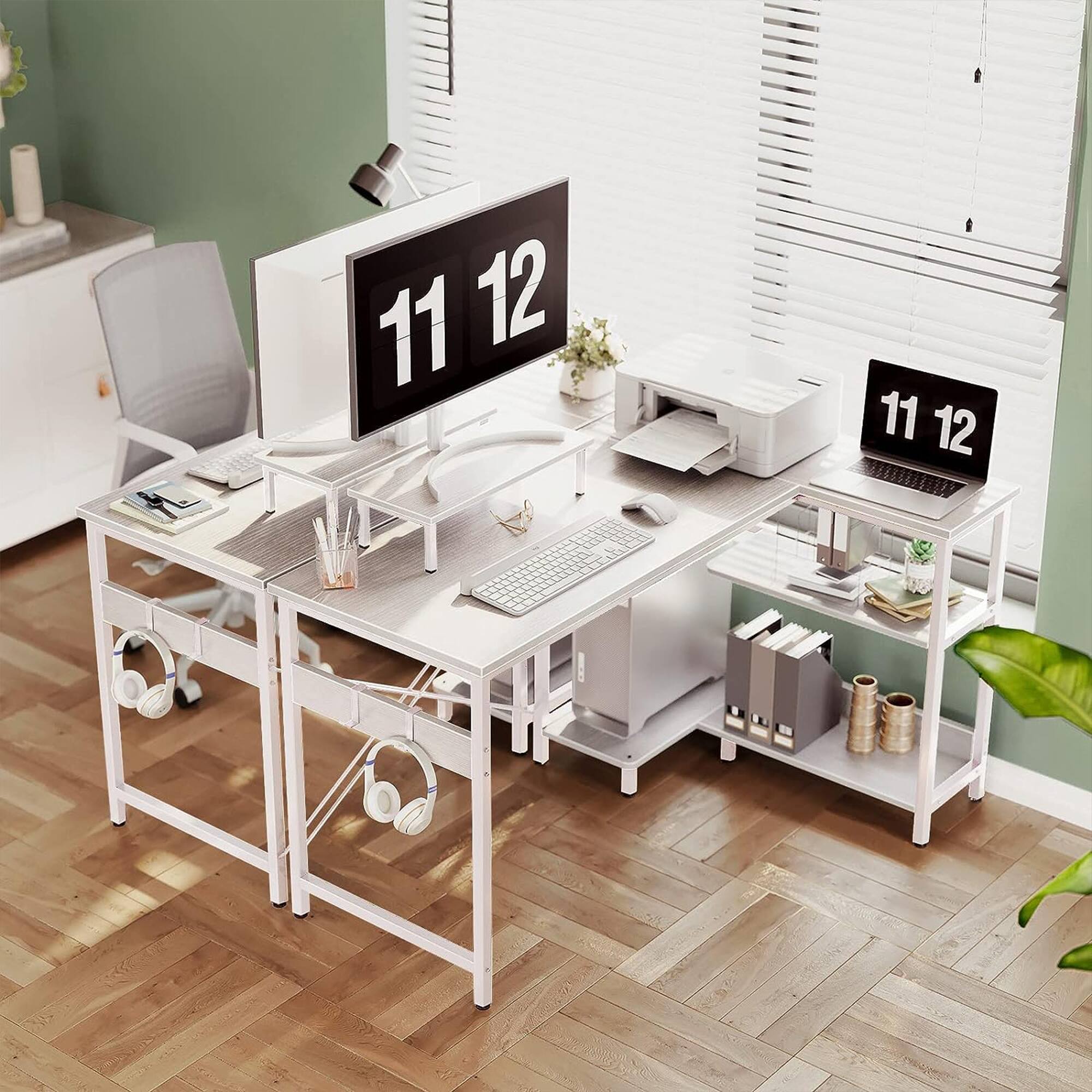 Alt View 5. ODK - ODK 47 Inch Compact L Shaped Desk with Storage Shelves and Monitor Stand, White - White.