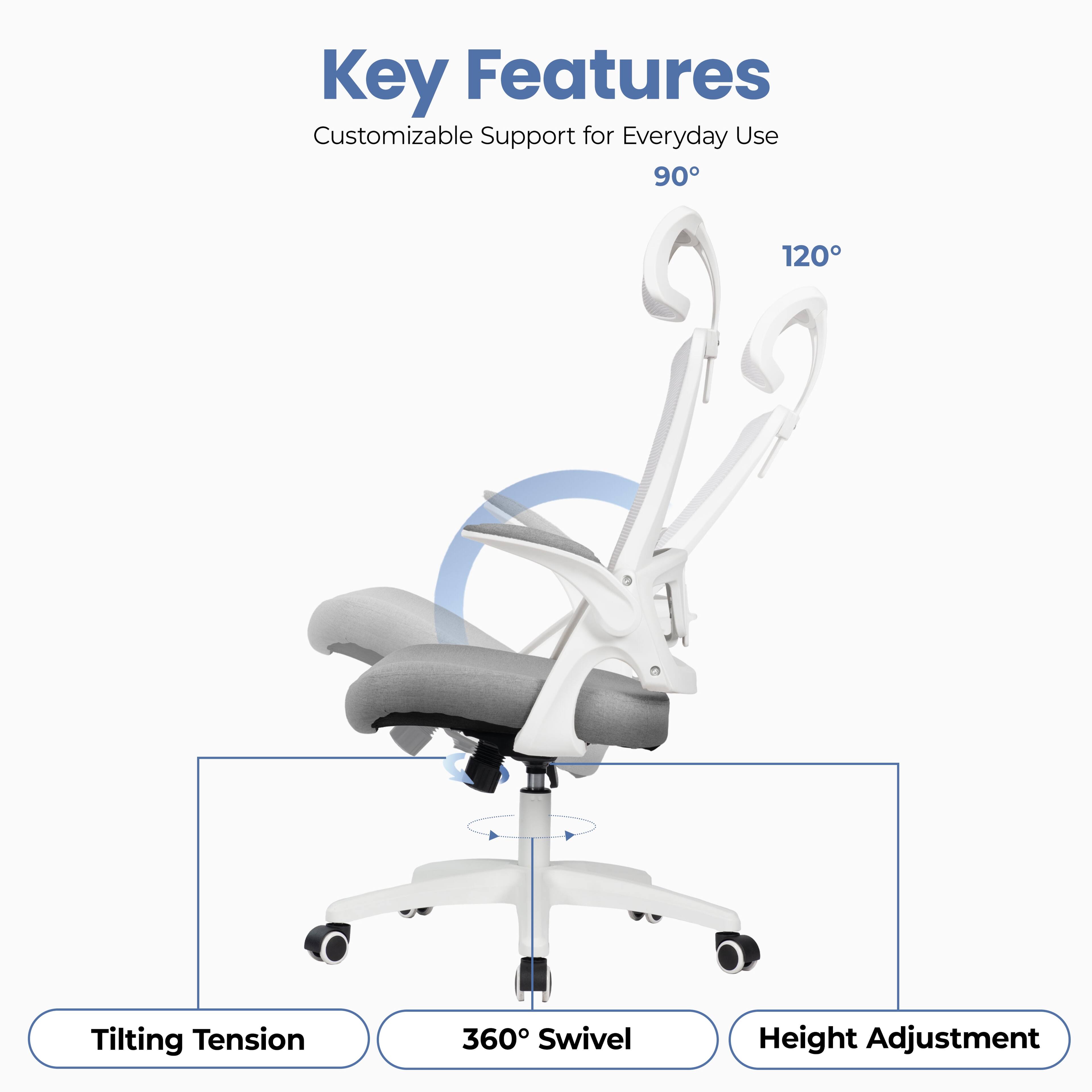 Key Features  
Customizable Support for Everyday Use  
90°  
120°  
Tilting Tension  
360° Swivel  
Height Adjustment