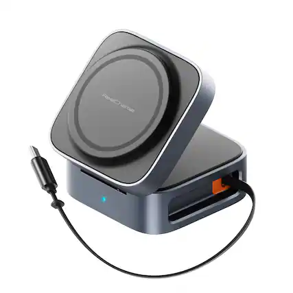 Front. ReelCharge - ReelCharge 5 in 1 Wireless Charging Station, Qi Pad Multi Device 67W USB C Black.