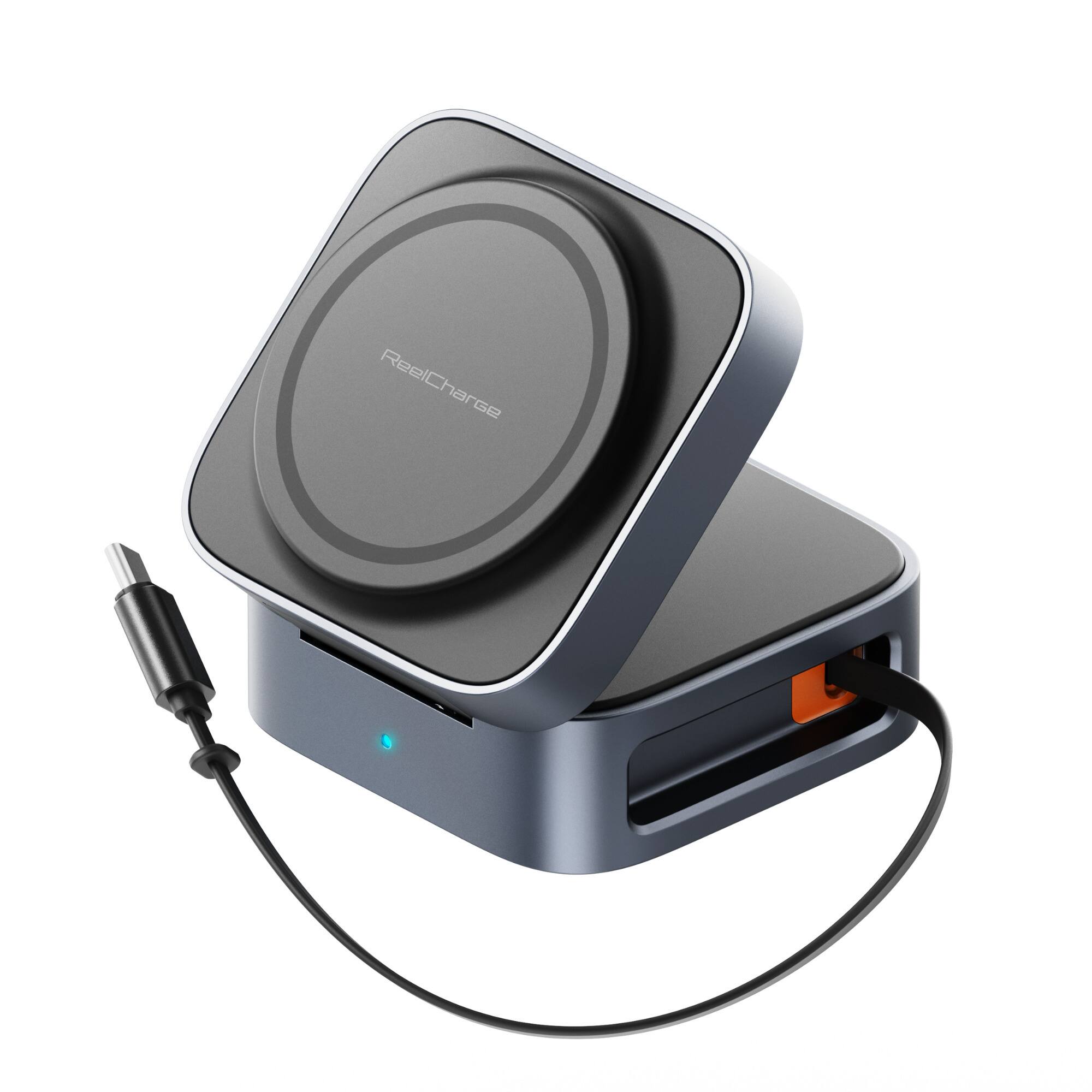 Front. ReelCharge - ReelCharge 5 in 1 Wireless Charging Station, Qi Pad Multi Device 67W USB C Black.